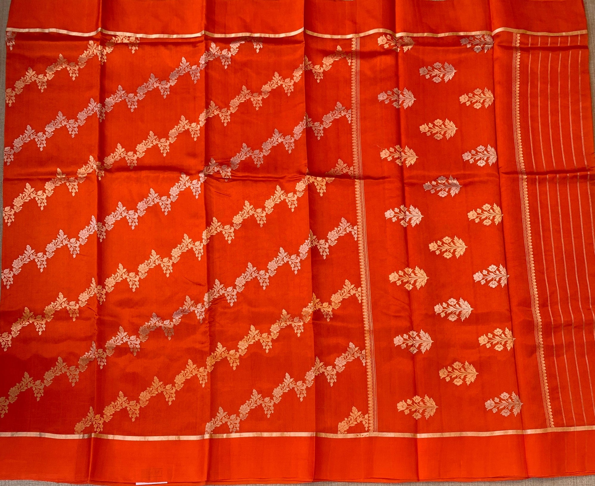 Orange Raw Mangoe Silk Saree in half and half style
