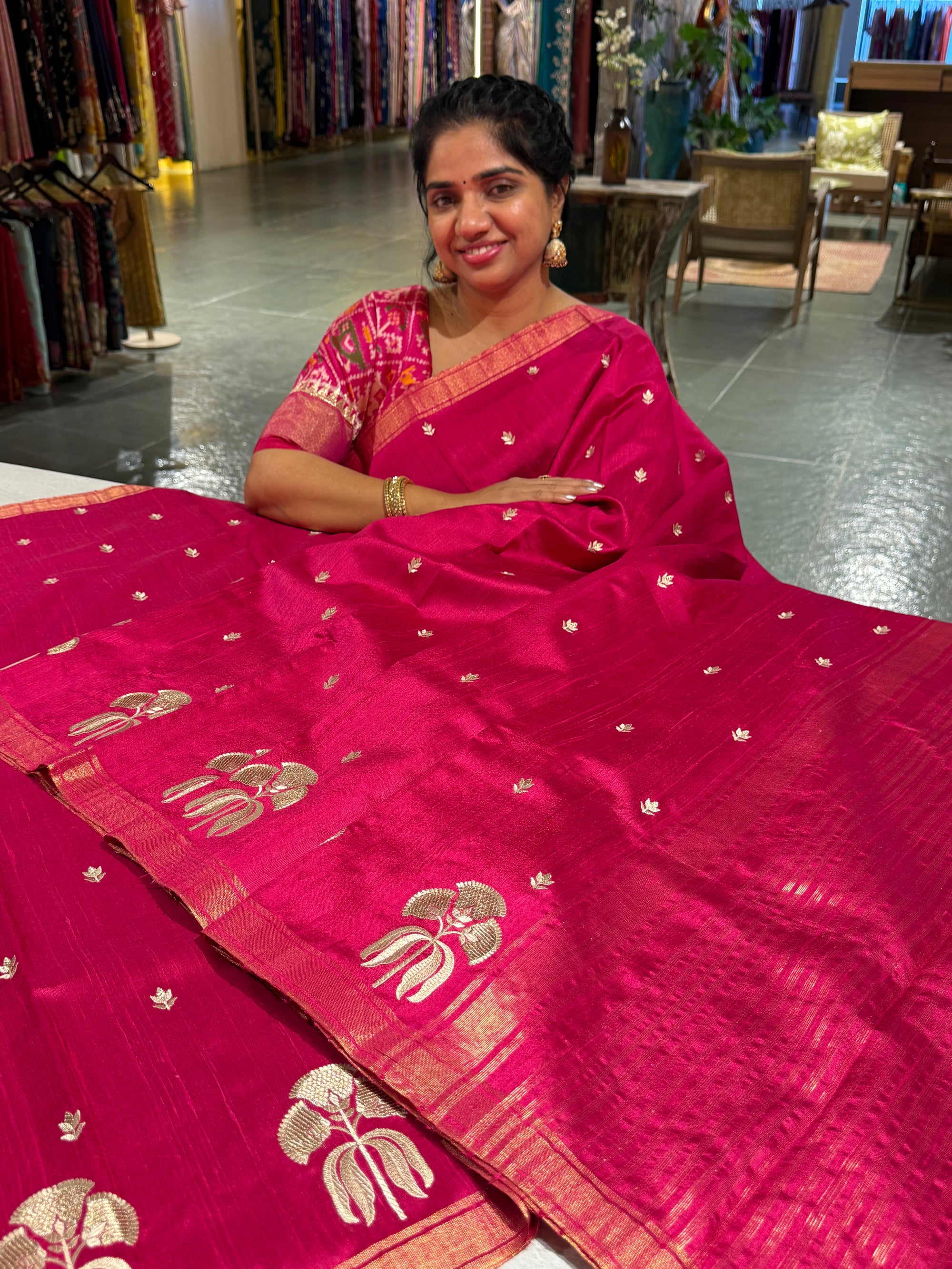Dark Pink Pure Handloom Raw Silk Saree