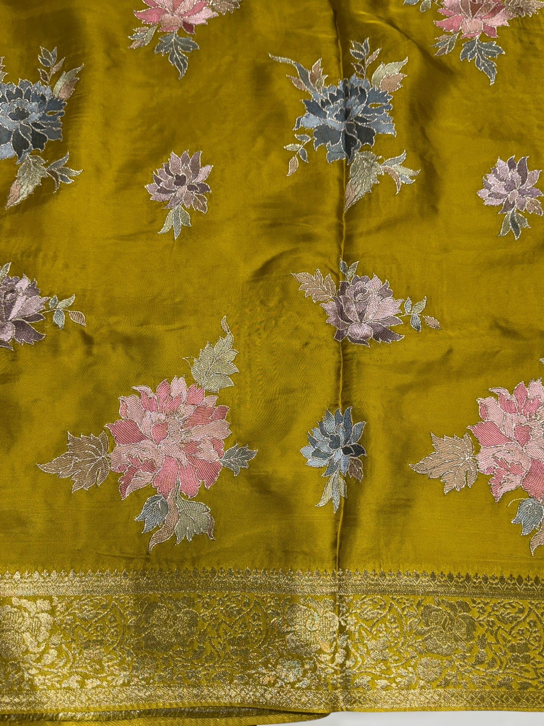 Lemon Greenish Yellow Mashru Satin Saree with Allover Floral embroidery