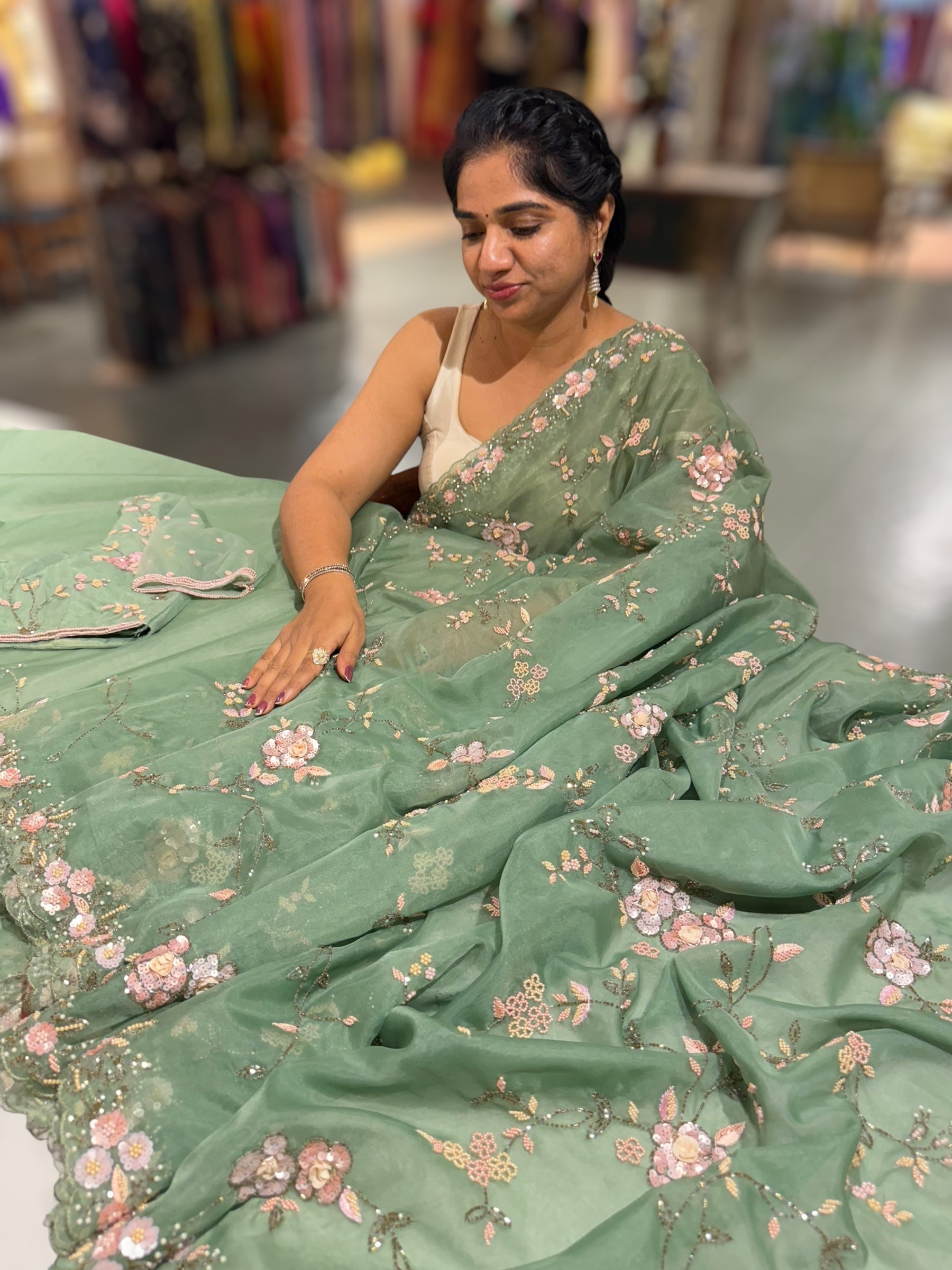 Sage Green Organza allover heavy handwork saree with ready to wear blouse