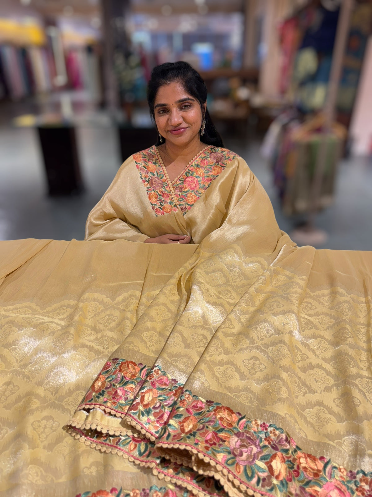 Pastel yellow Banarasi Brocade tissue saree with tonchui style weaving and parsi gara embroidered border