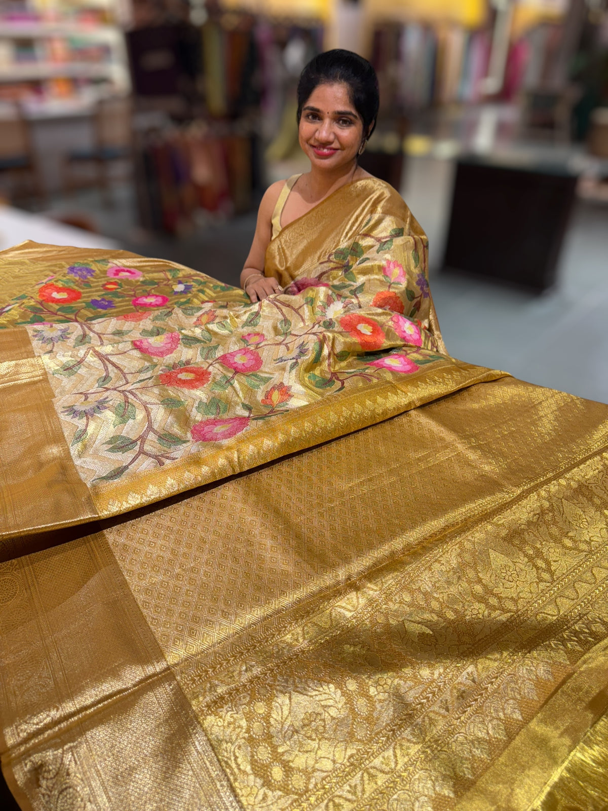 Molten Gold Kanjeevaram Tissue Saree with allover embroidery