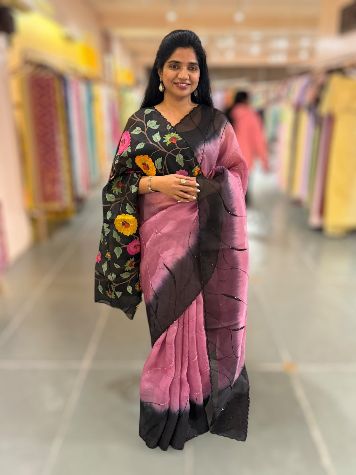Rose Pink & Black Ombre Dyed Pure Organza handwork saree