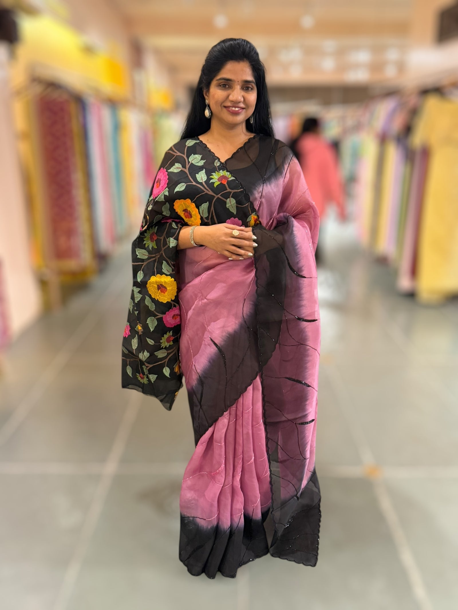Rose Pink & Black Ombre Dyed Pure Organza handwork saree