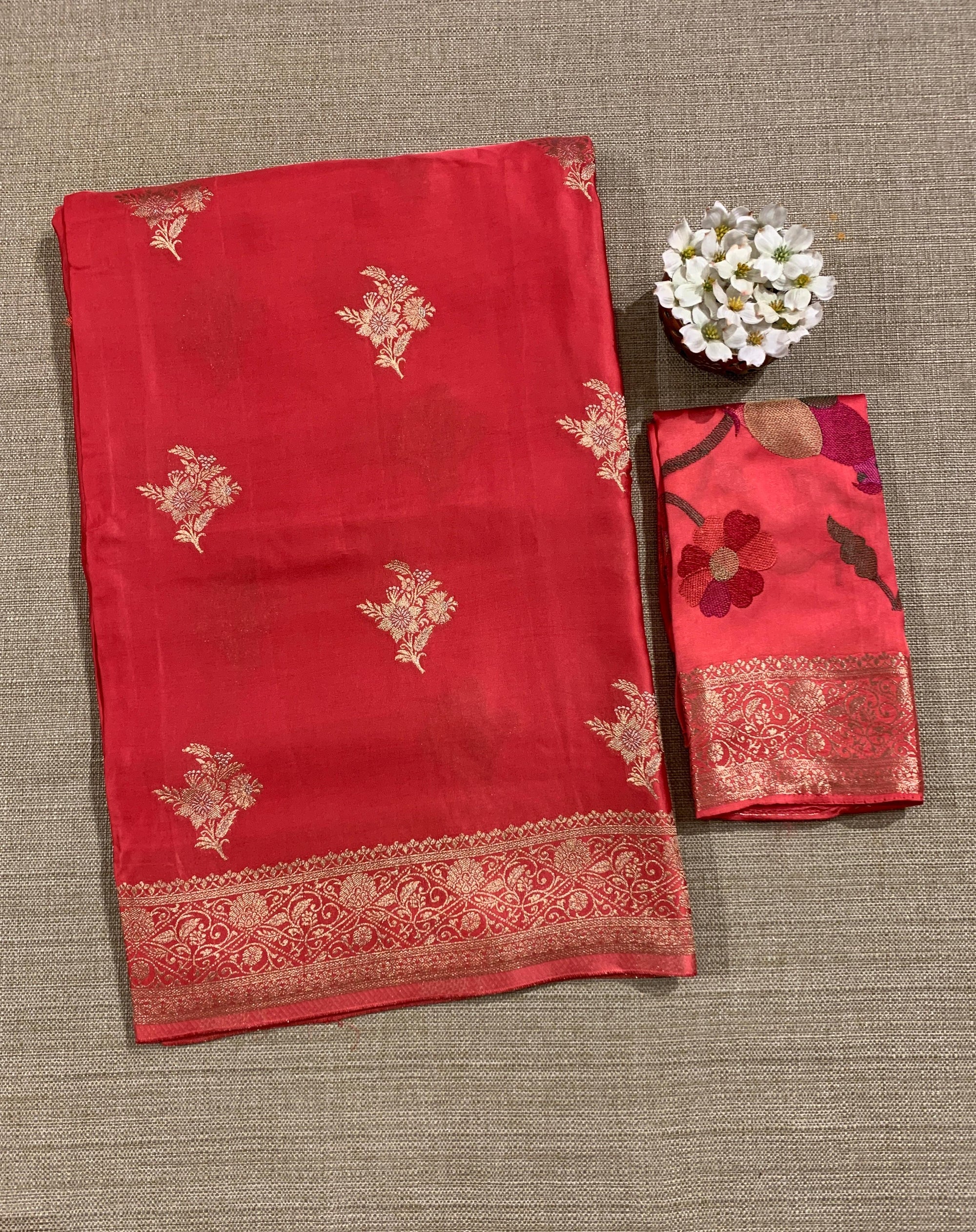 Dark Peach Pink Mashru Silk Saree with Paithani inspired embroidered blouse
