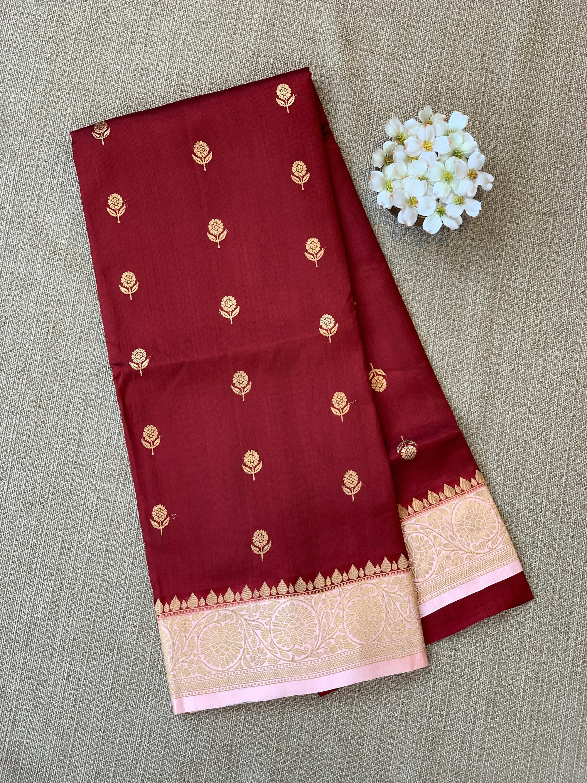 Meroon & Pink Combo Raw Mangoe Silk Saree with kaduwa woven motifs.