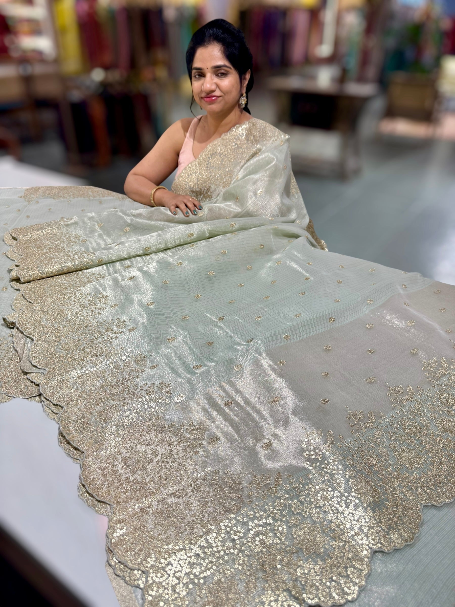 Mint Blue Tissue Saree with Heavy Sequence Embroidered Scallop Border