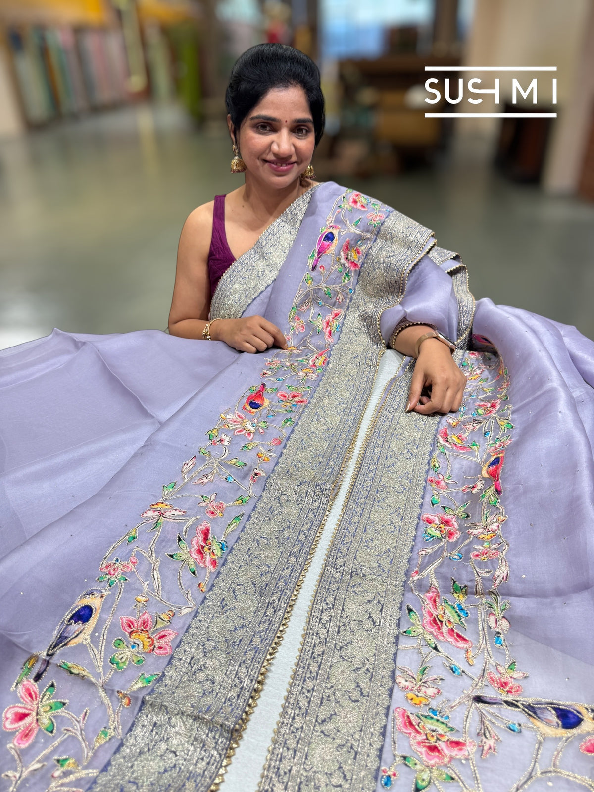 Lilac Organza Banarasi Fusion Saree with Bird Appliqué : SM020