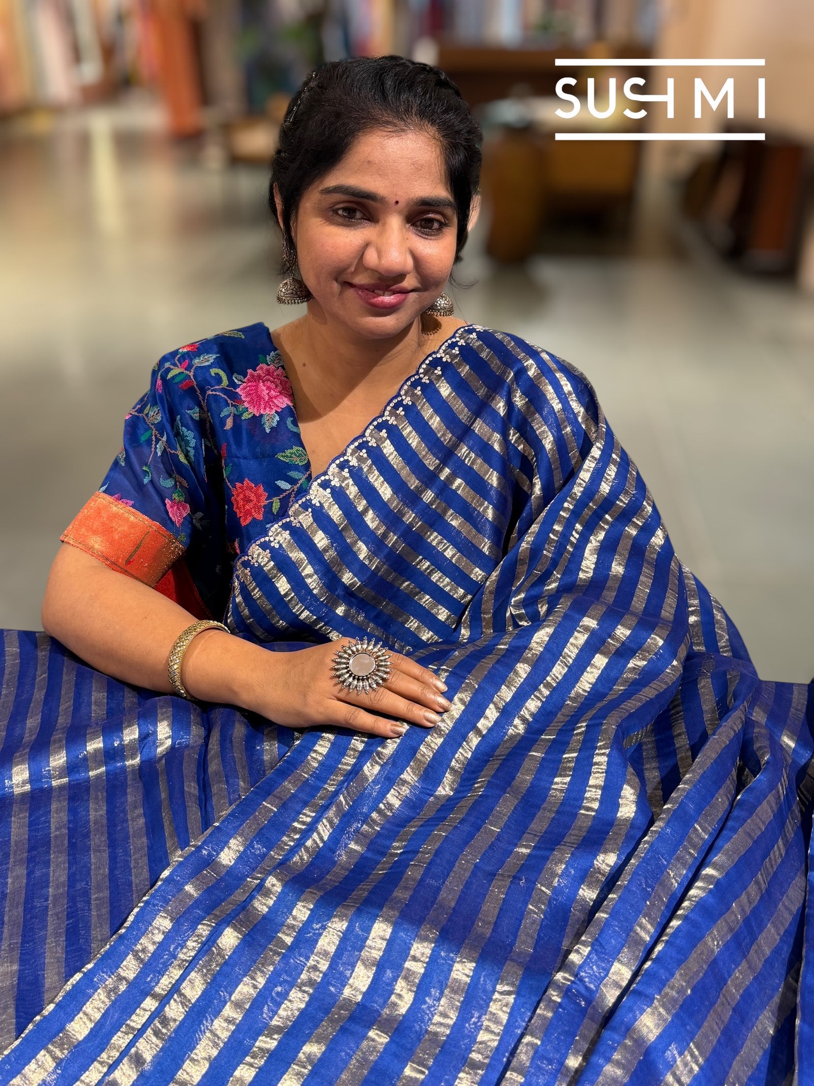 Electric Blue Mul tissue stripes saree with fusion blouse : D62139