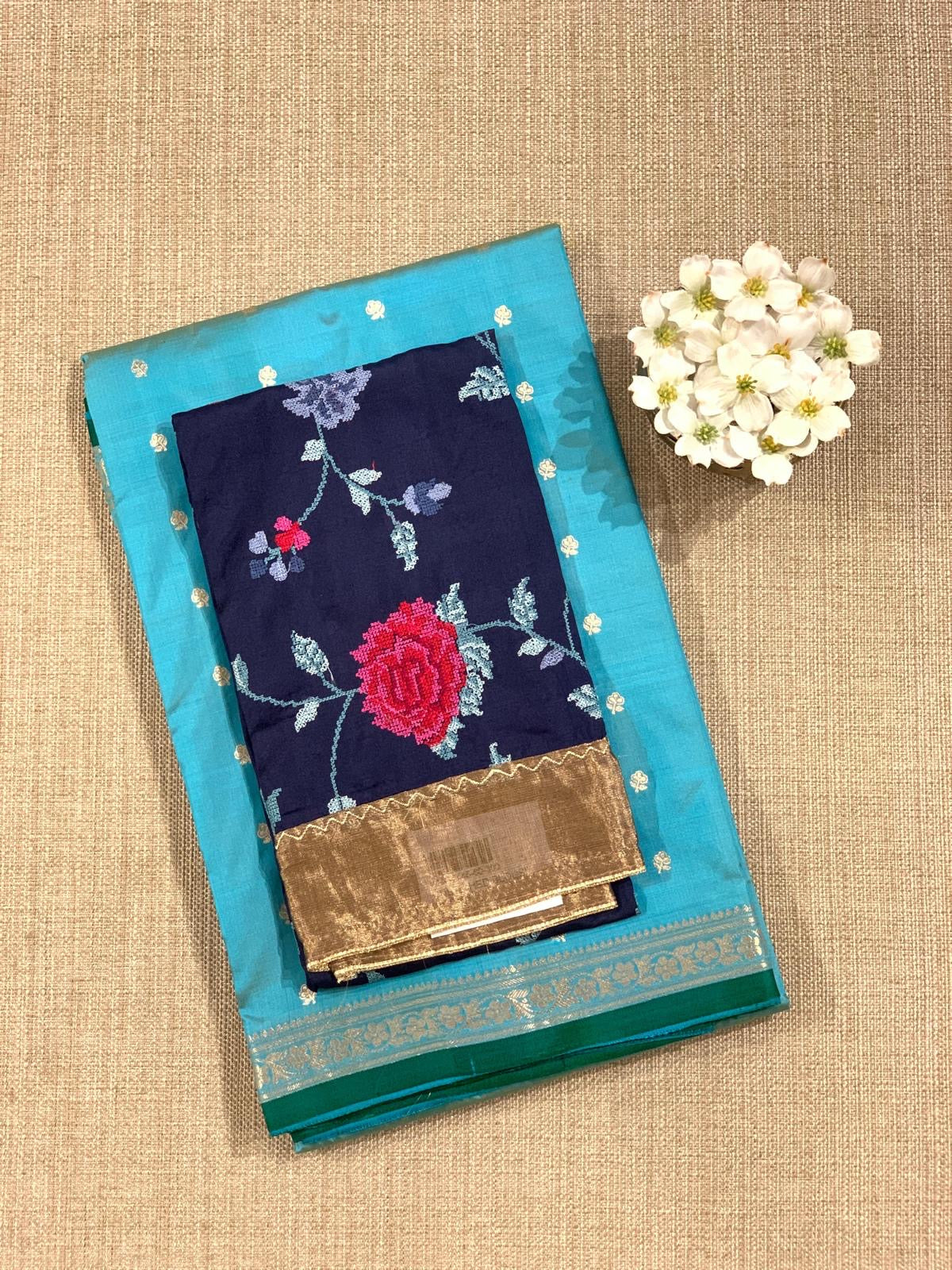 Banarasi Katan Silk Saree With Petite Point Embroidered Silk Blouse