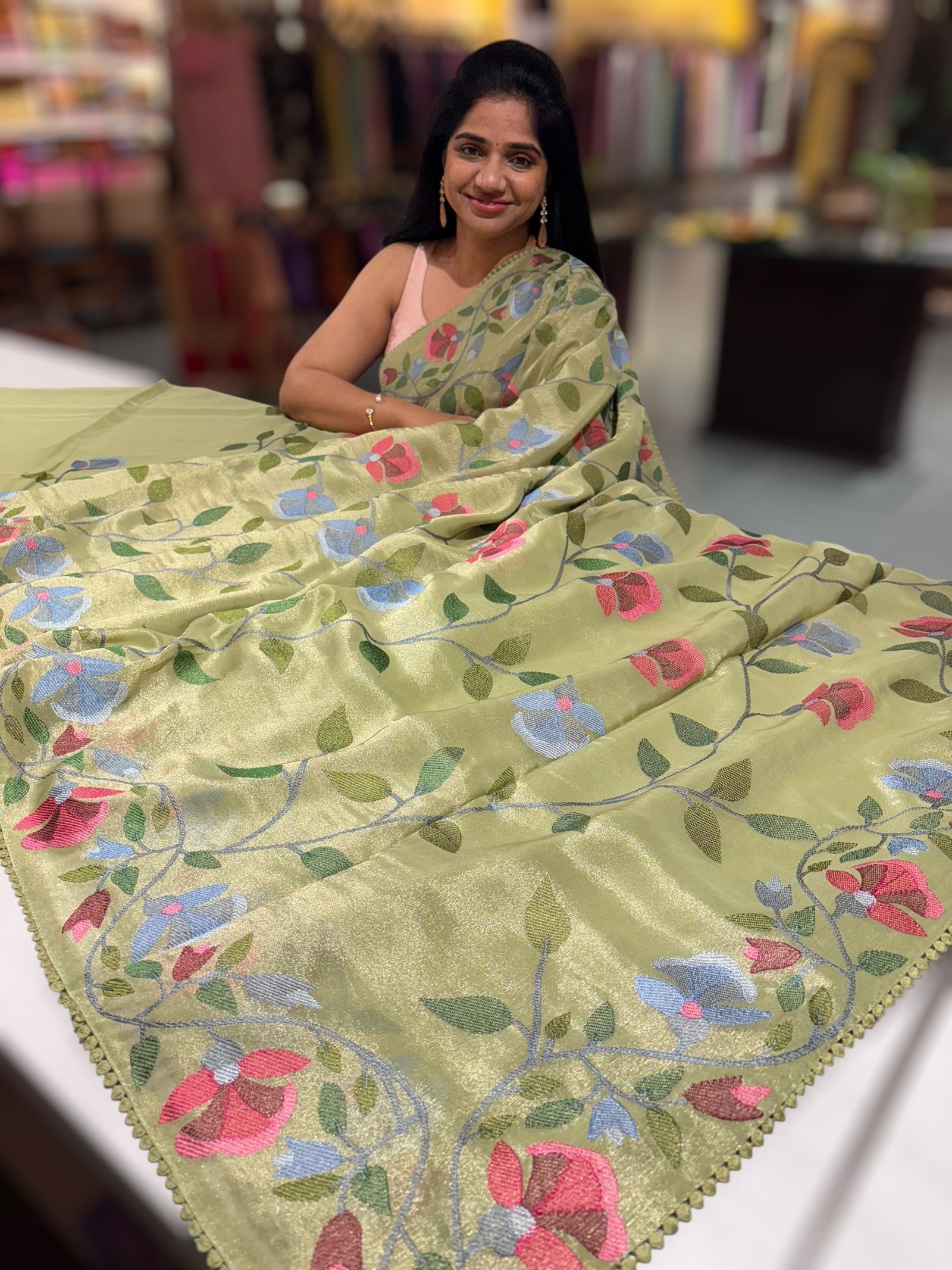 Light Sage Green Tissue georgette saree with embroidery