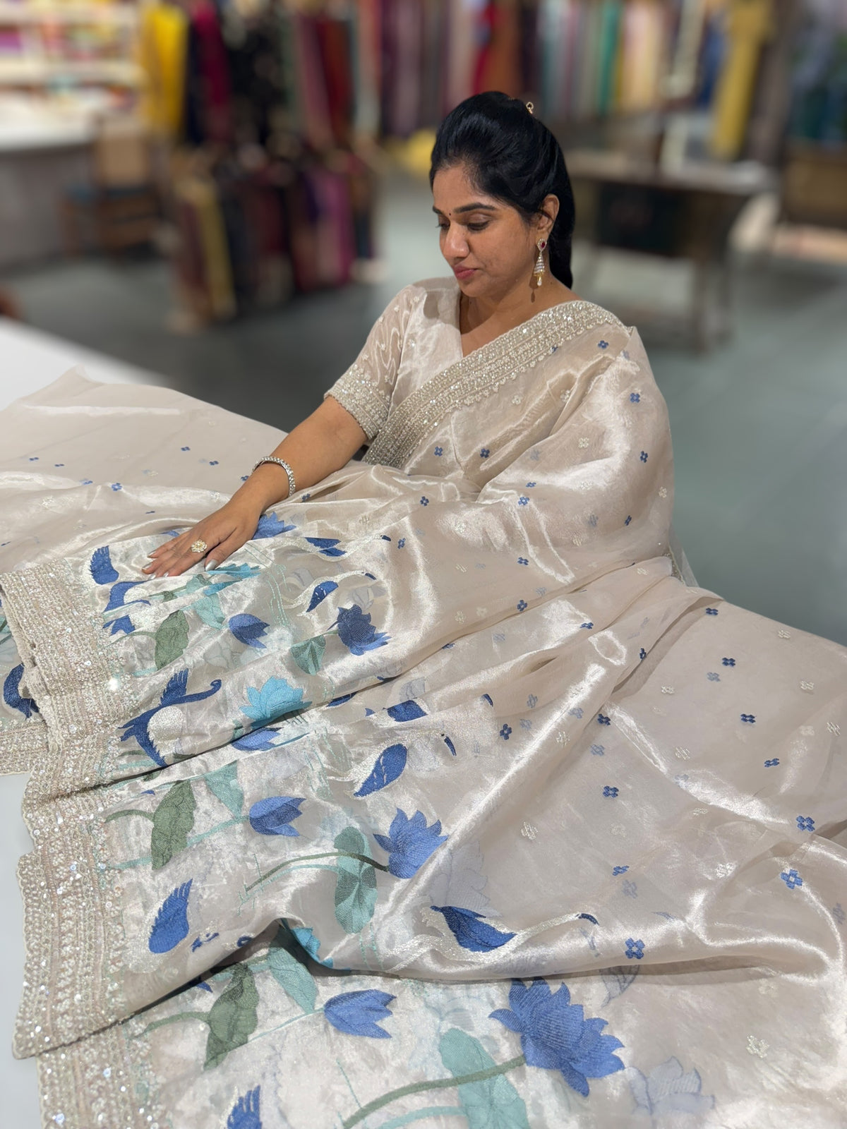 Silver Tissue Designer Saree with heavy handwork and embroidery