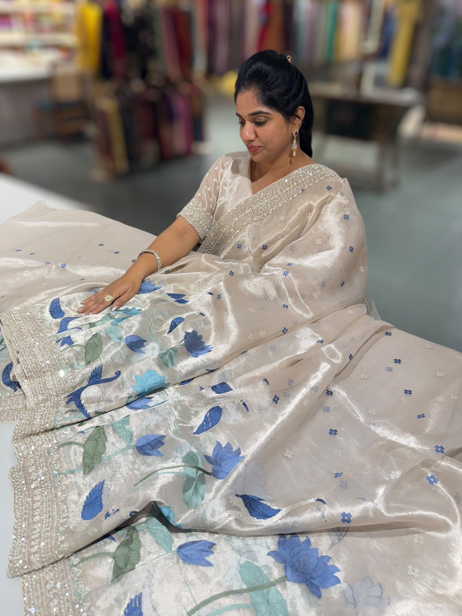 Silver Tissue Designer Saree with heavy handwork and embroidery