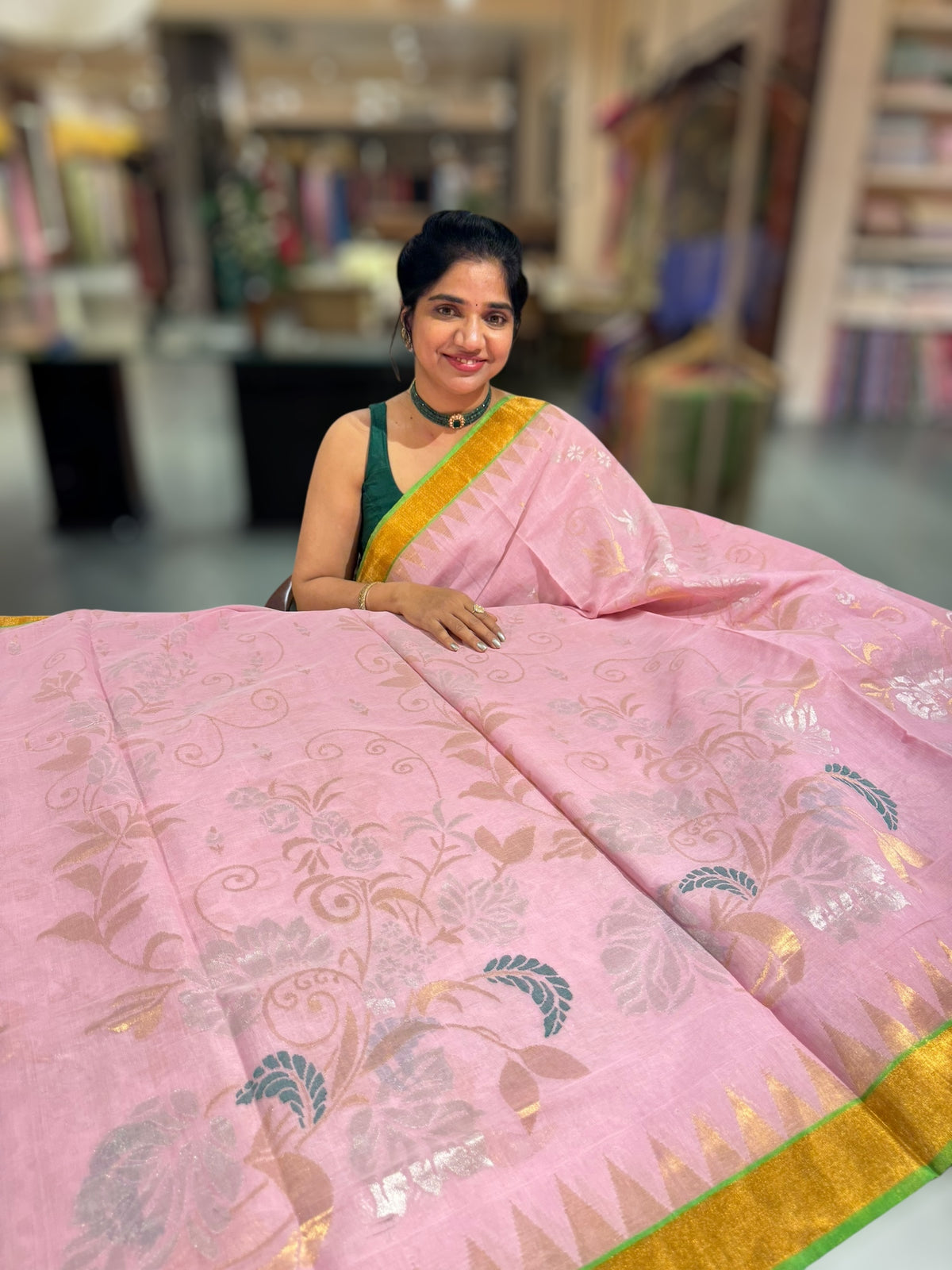 Baby Pink Ponduru Khadi Jamdani Allover Weaving Saree