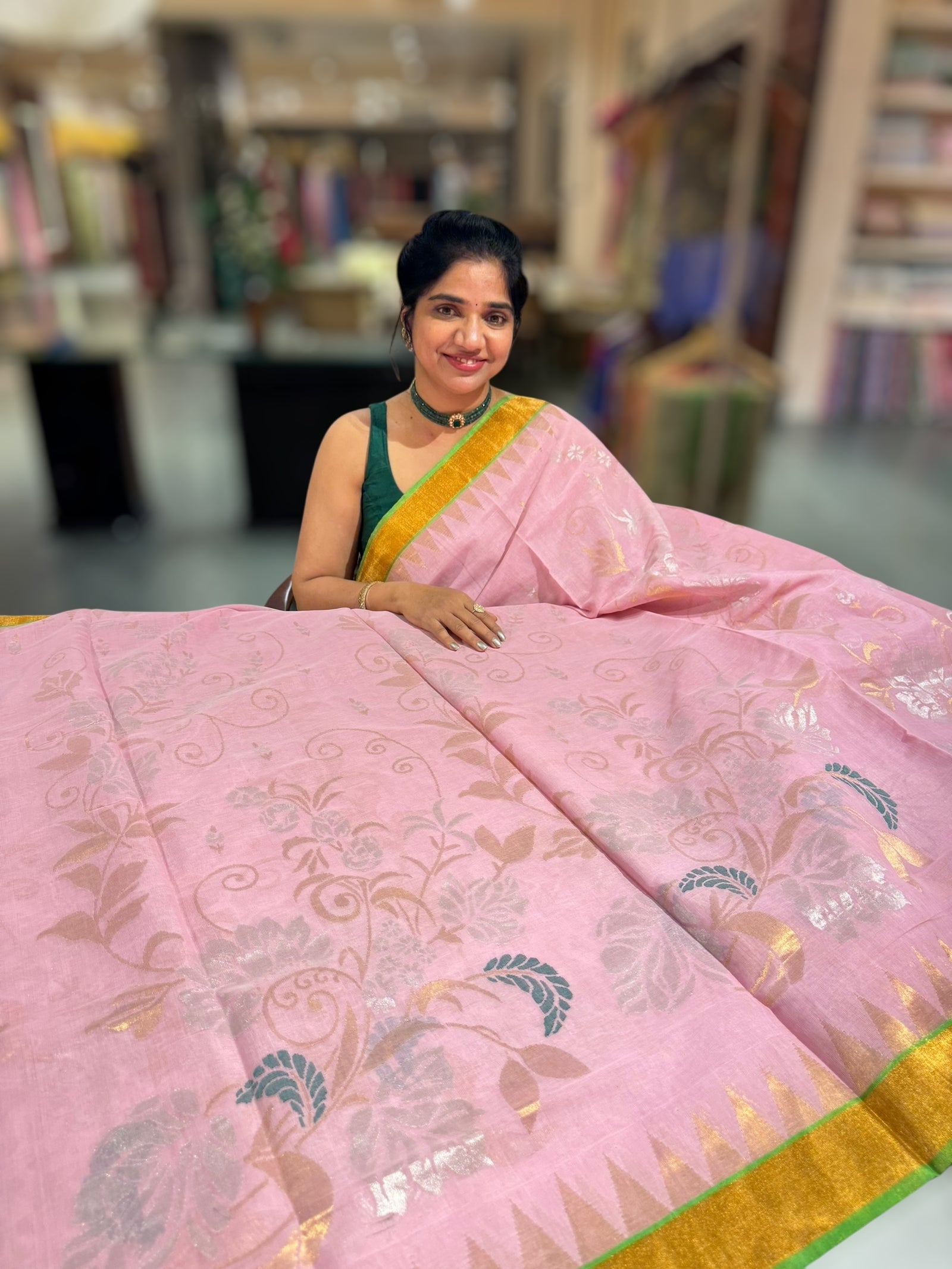 Baby Pink Ponduru Khadi Jamdani Allover Weaving Saree