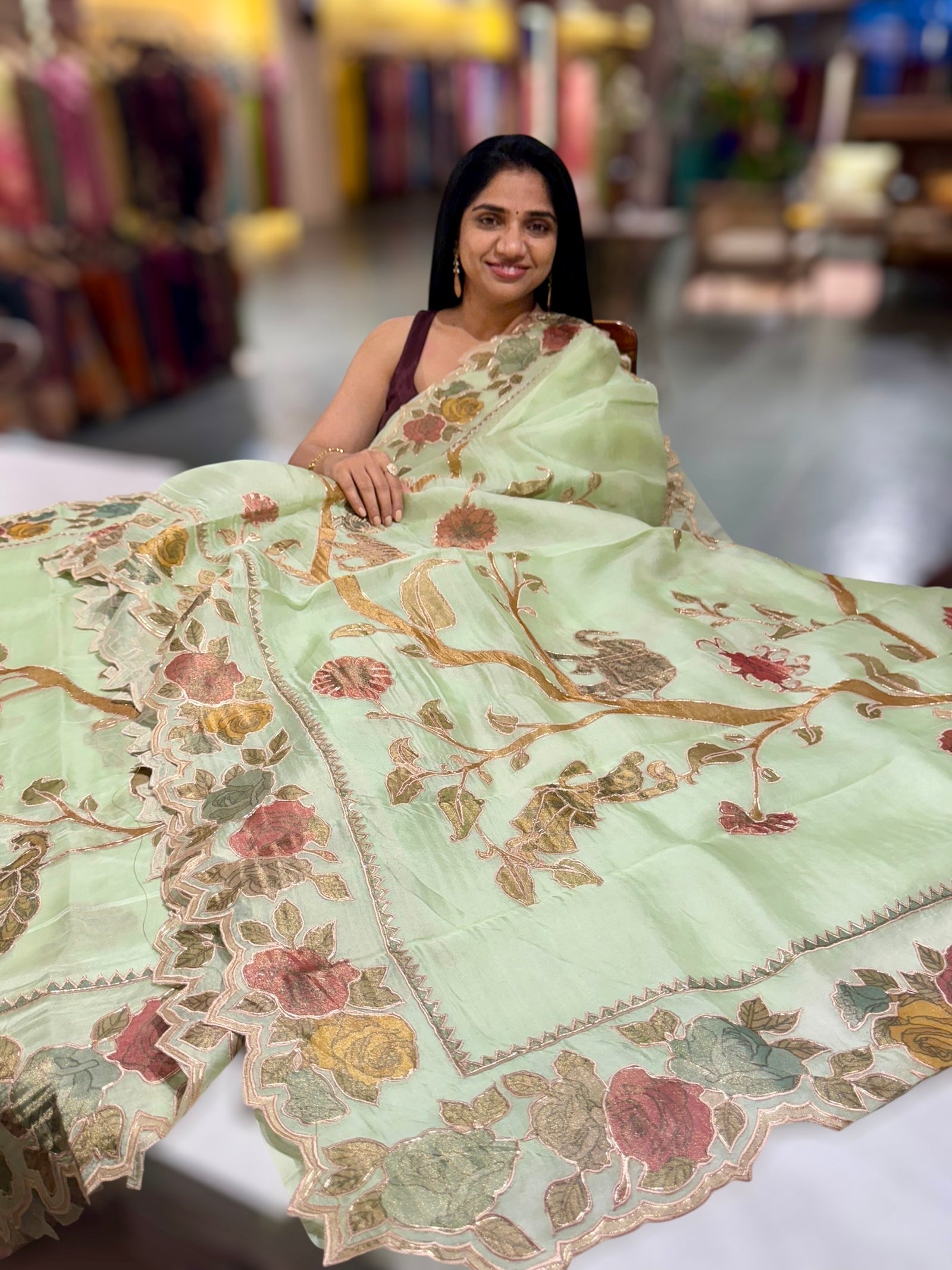 Sea Green Pure Organza Applique Work Saree