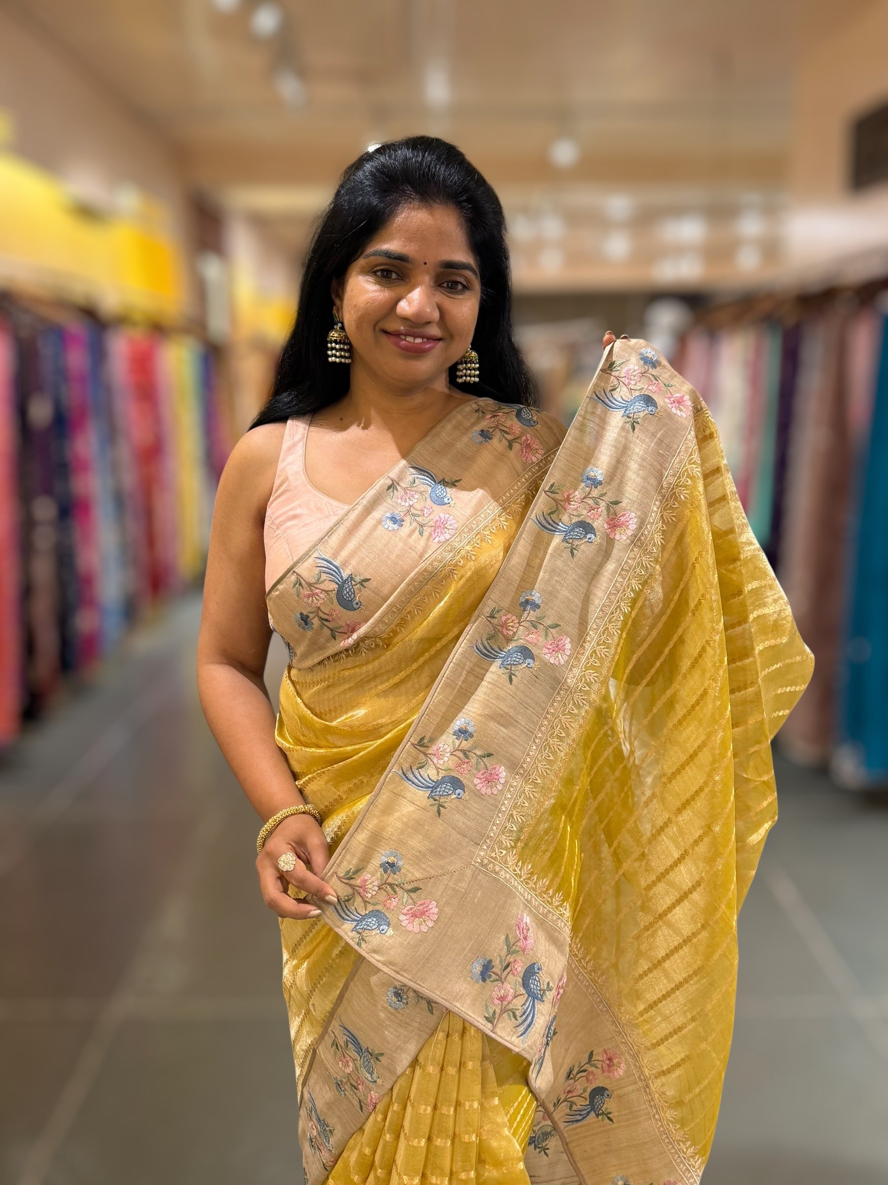 Yellow Pure Handloom Tissue Saree with pure Tussar embroidered border