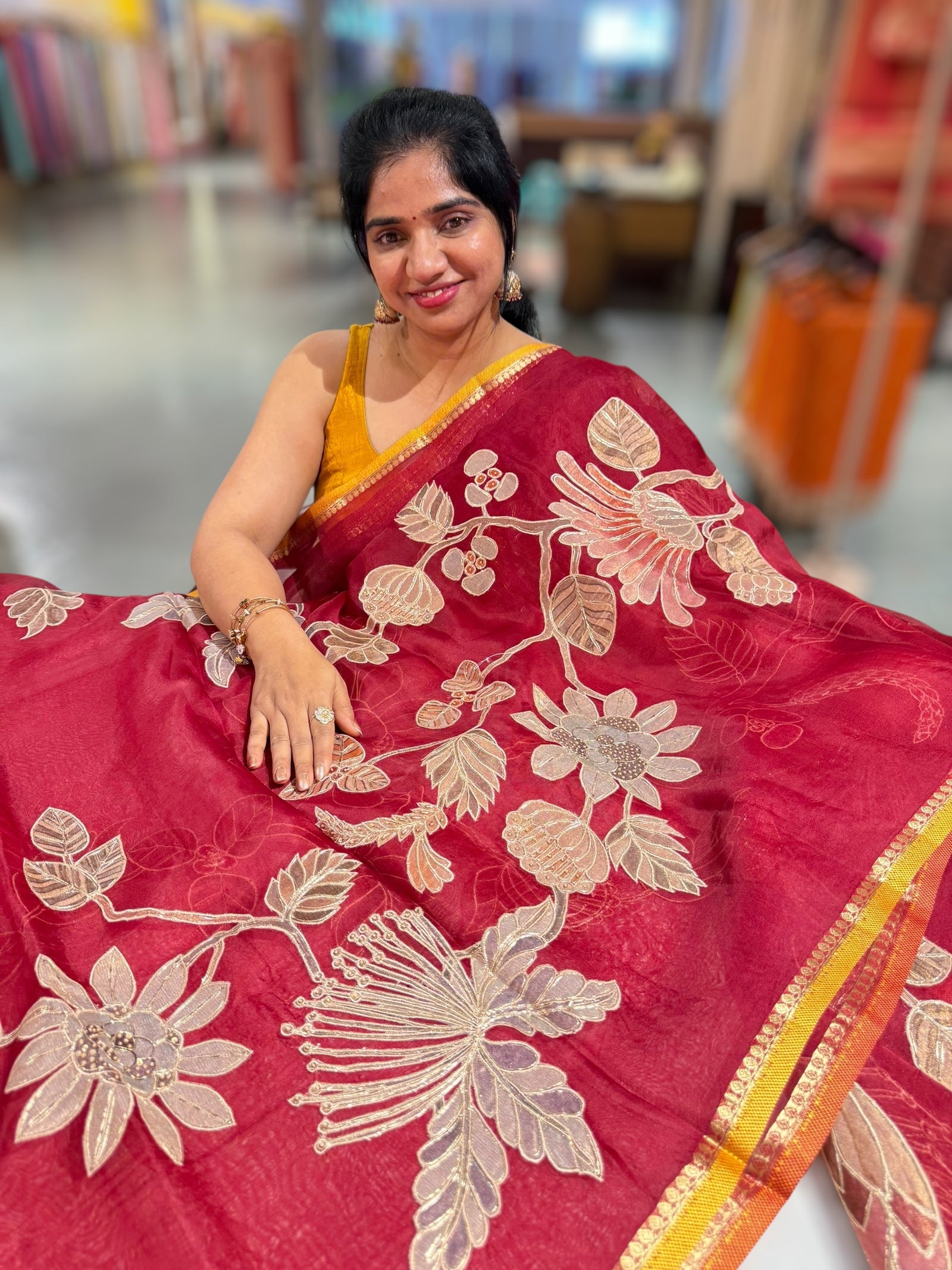 Maroon Designer Organza with Tissue applique work