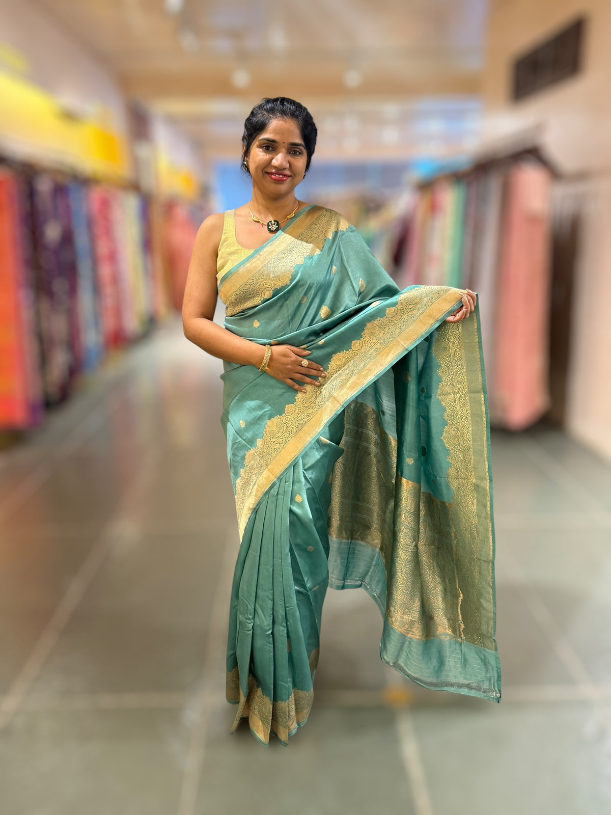 Dusty Blue Poona Silk Saree with double borders