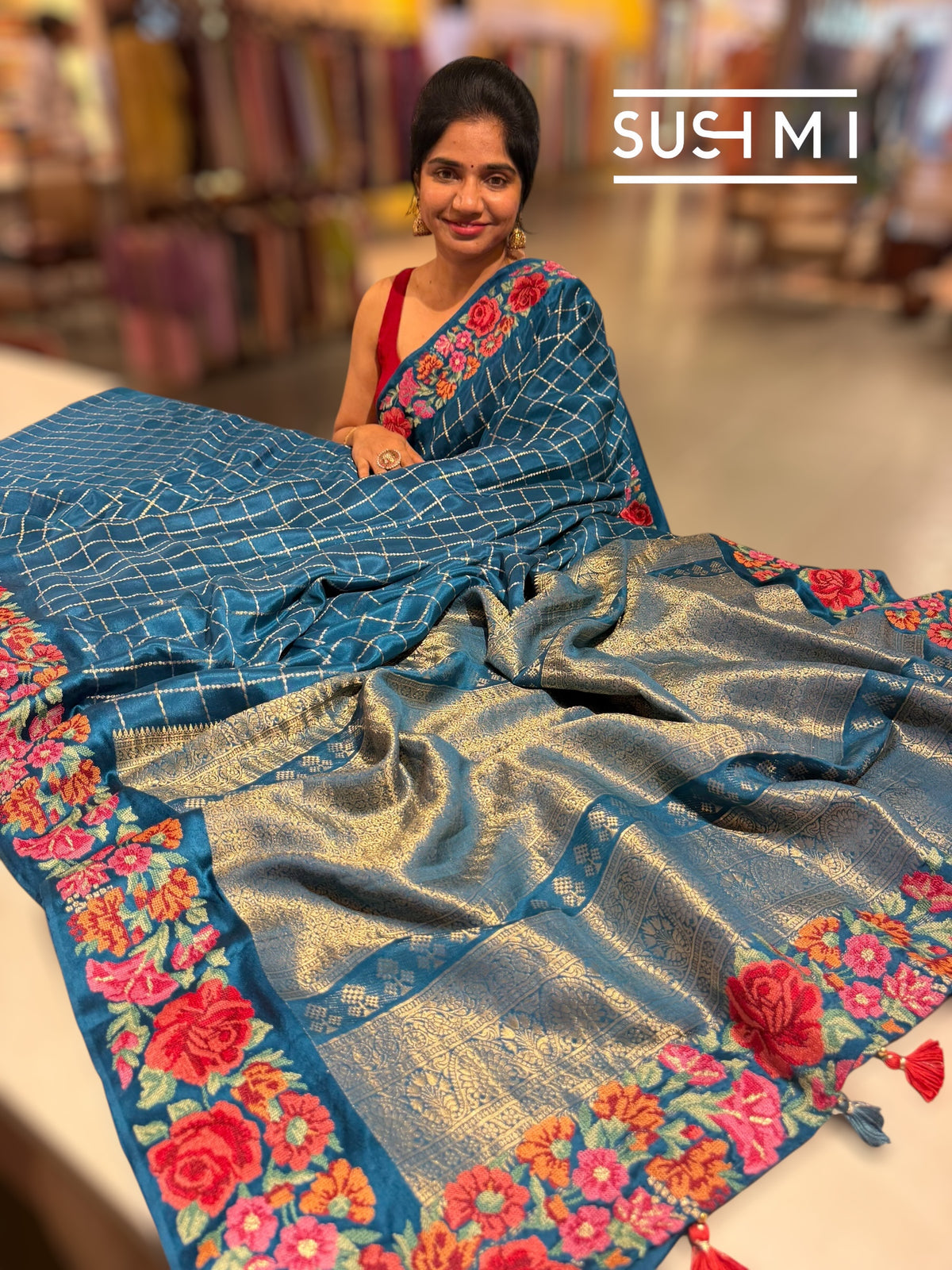 Peacock Blue Mysore Silk Saree with petitepoint embroidery S62111