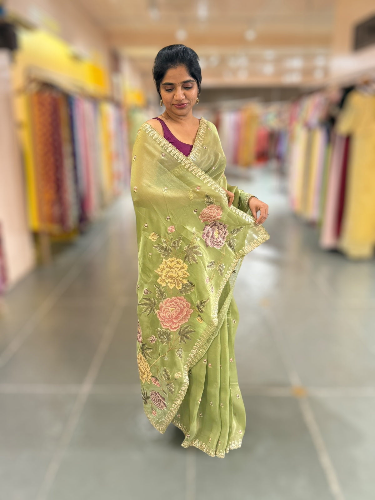 Light Olive Green Tissue Georgette Saree with petite point emb