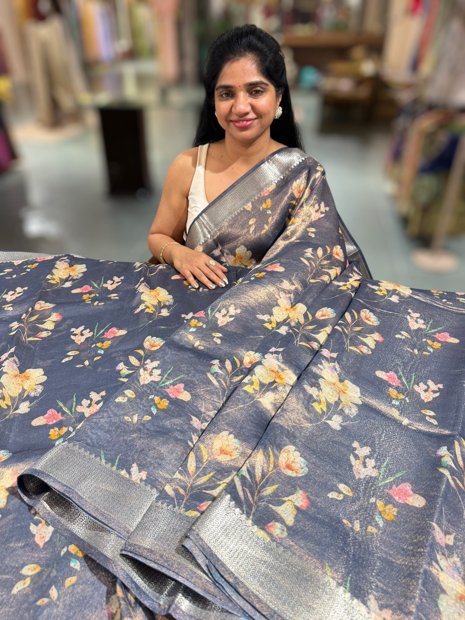 Midnight Blue Printed Banarasi Cotton Tissue