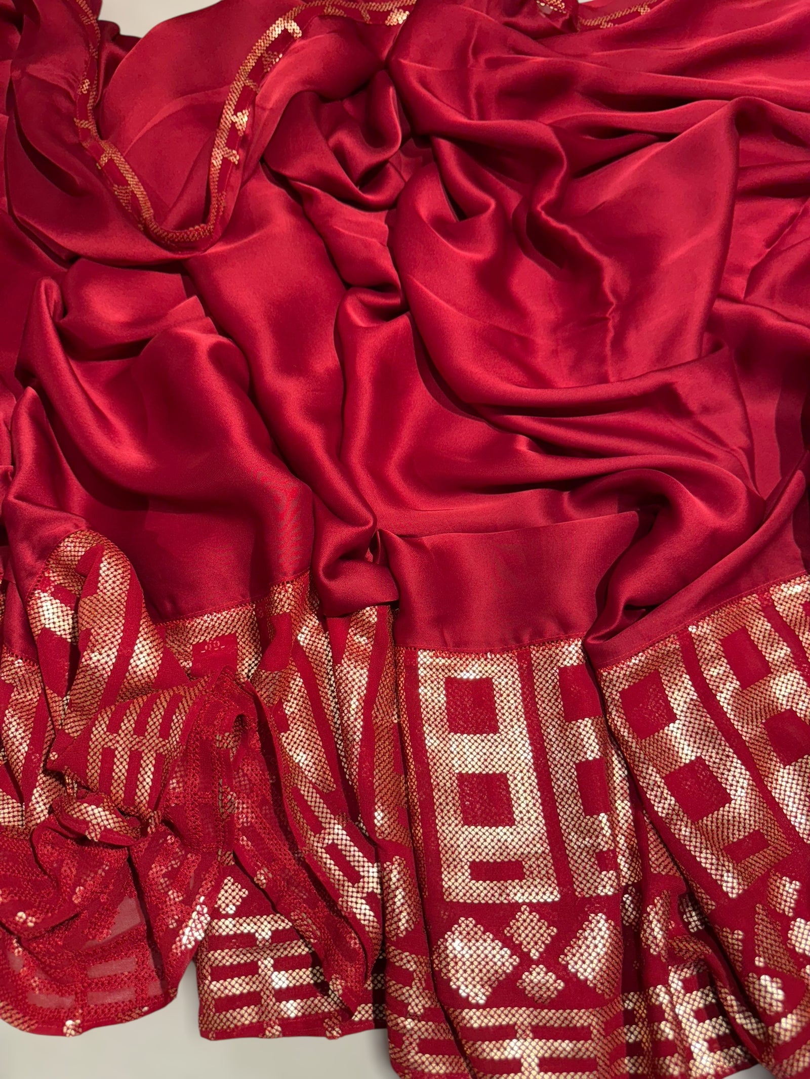 Meroonish Red pure Satin Saree with designer sequence border and blouse