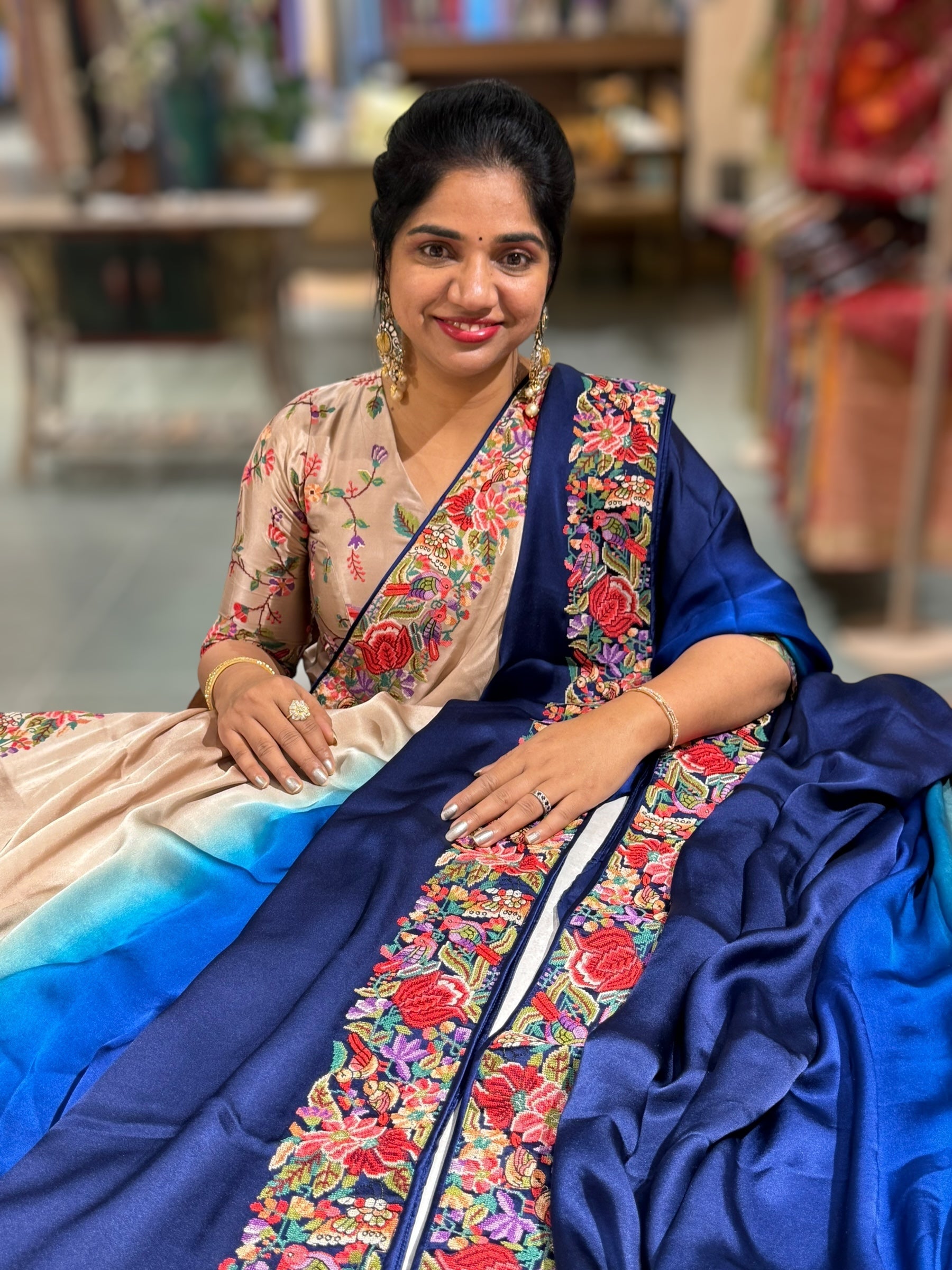 Pure Satin Ombre Dyed Saree with Petite Point Embroidered Border and blouse.
