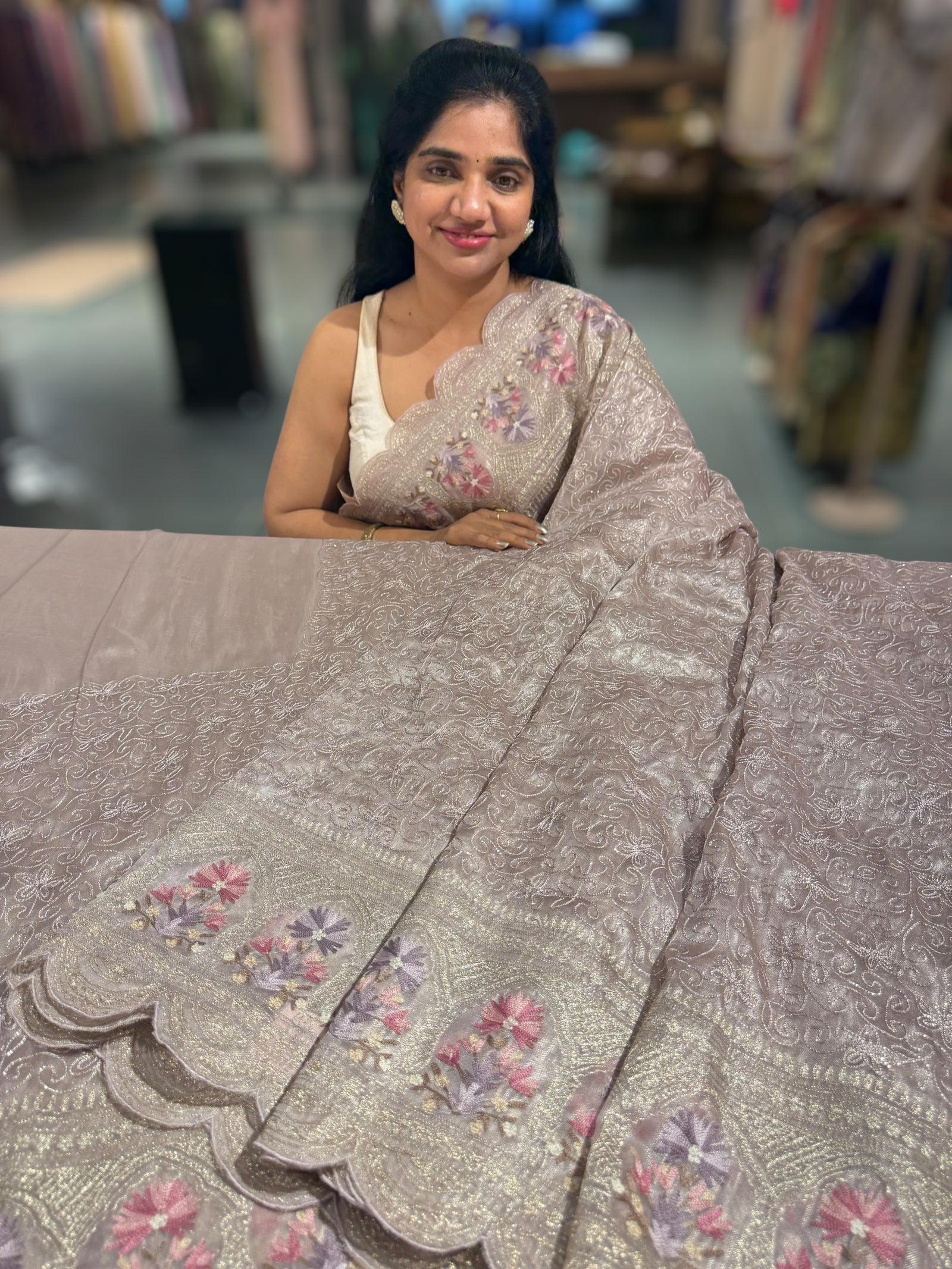 Dusty mauve Glass Organza Saree with allover embroidery