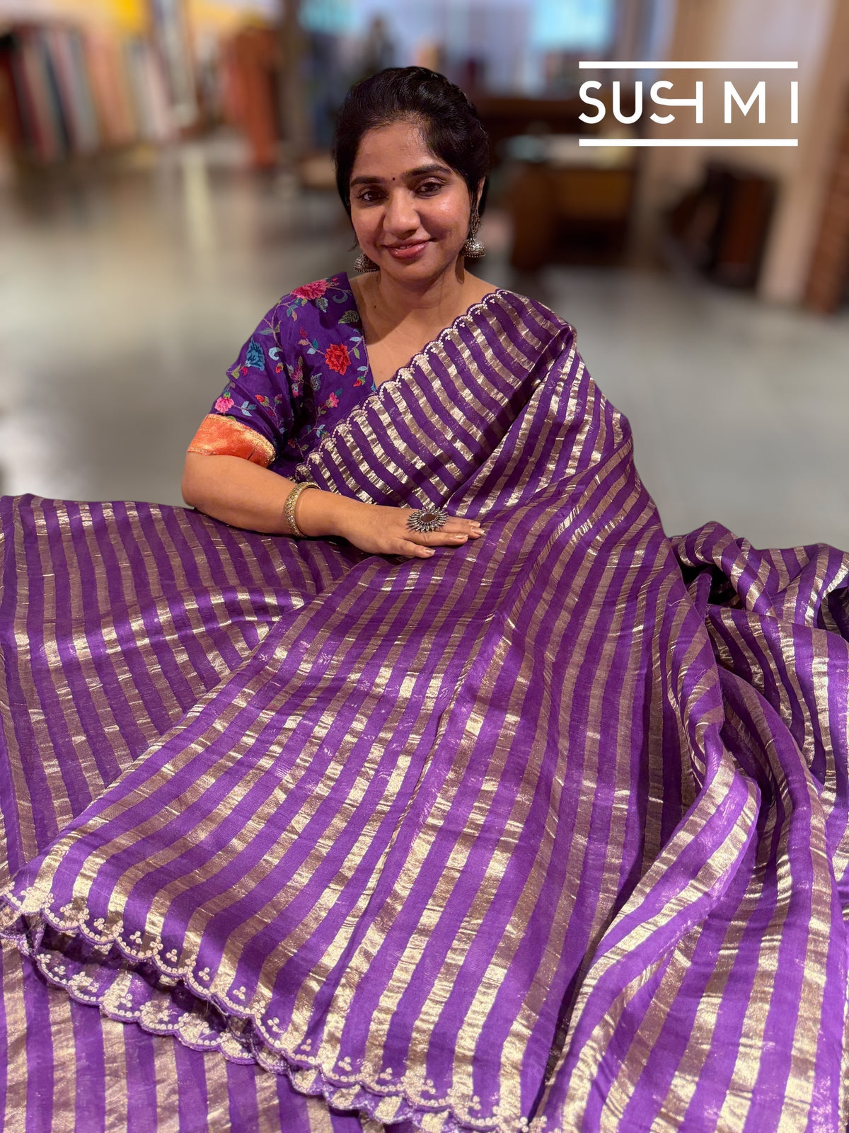 Purple Mul tissue stripes saree with fusion blouse : D62136