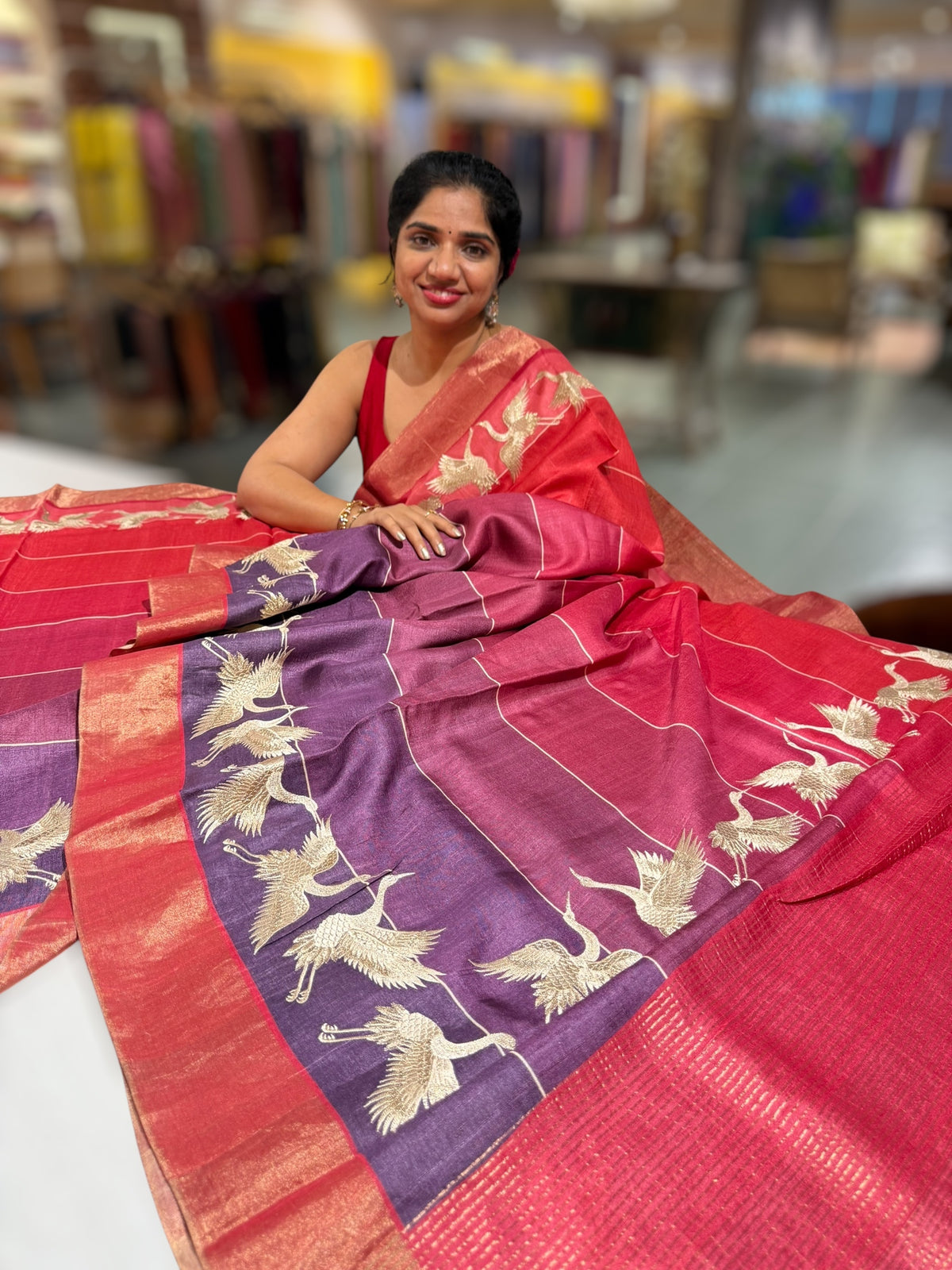 Tussar Rangkaat Saree With Crane Bird  Embroidered Border