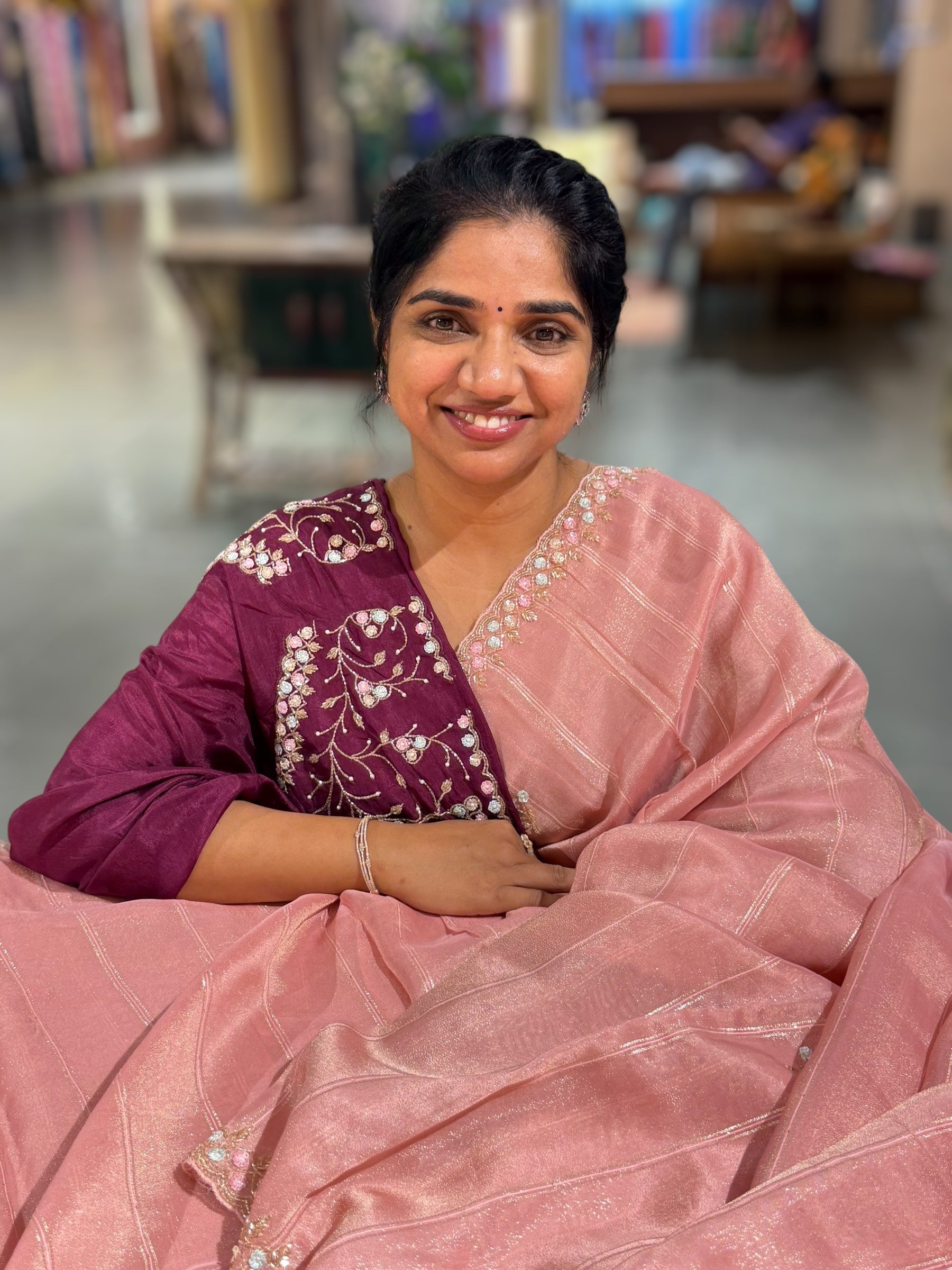 Tissue Gorgette Saree With Hanwork Border and Blouse.