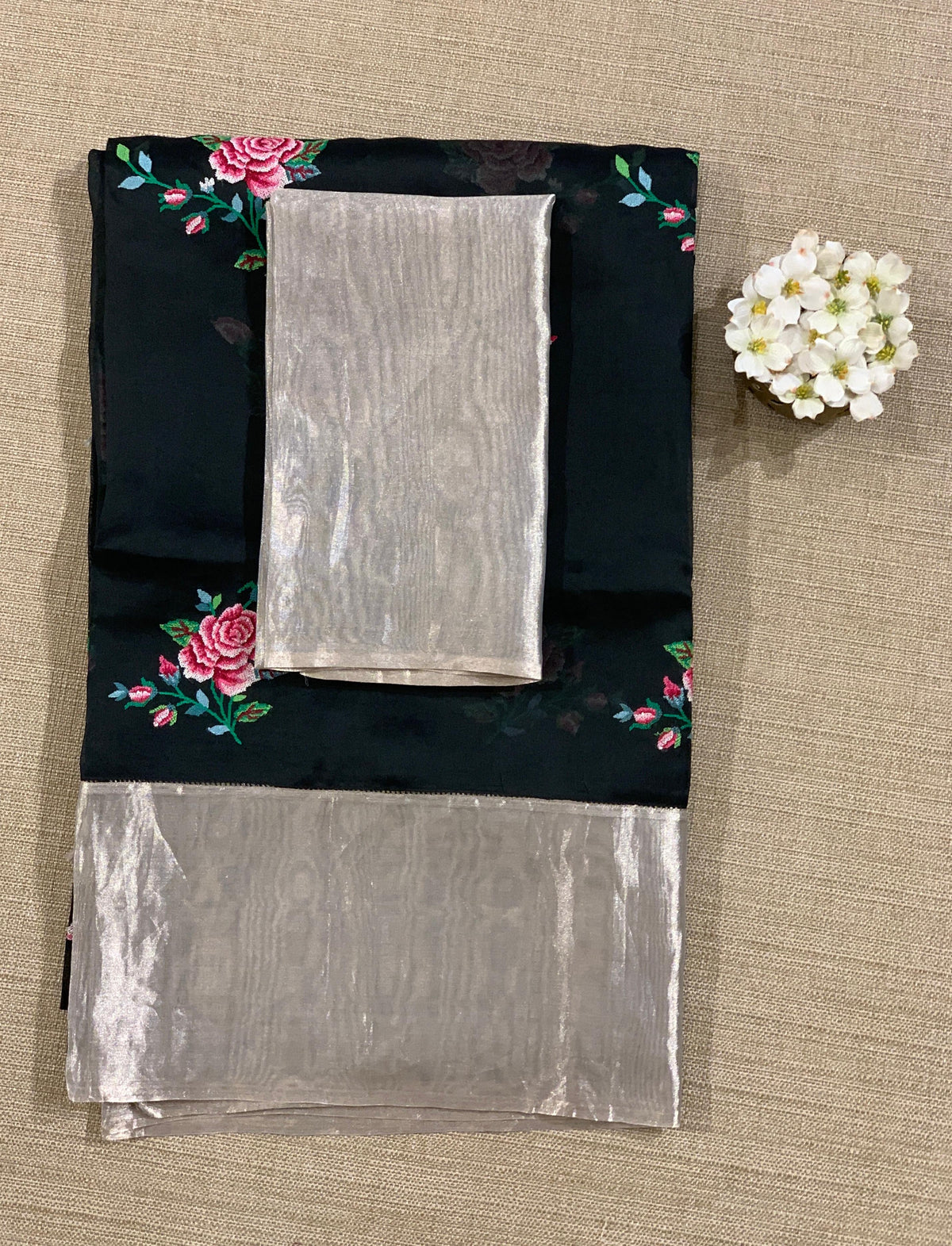 Black Pure Organza Saree with pure Tissue Border