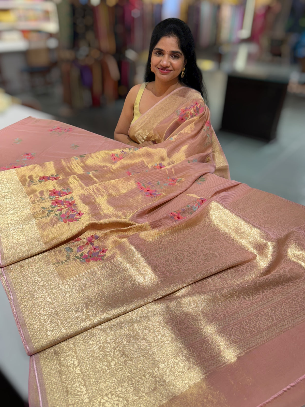 Peach Pink Fancy Banarasi tissue tonchoi weaving saree with embroidery