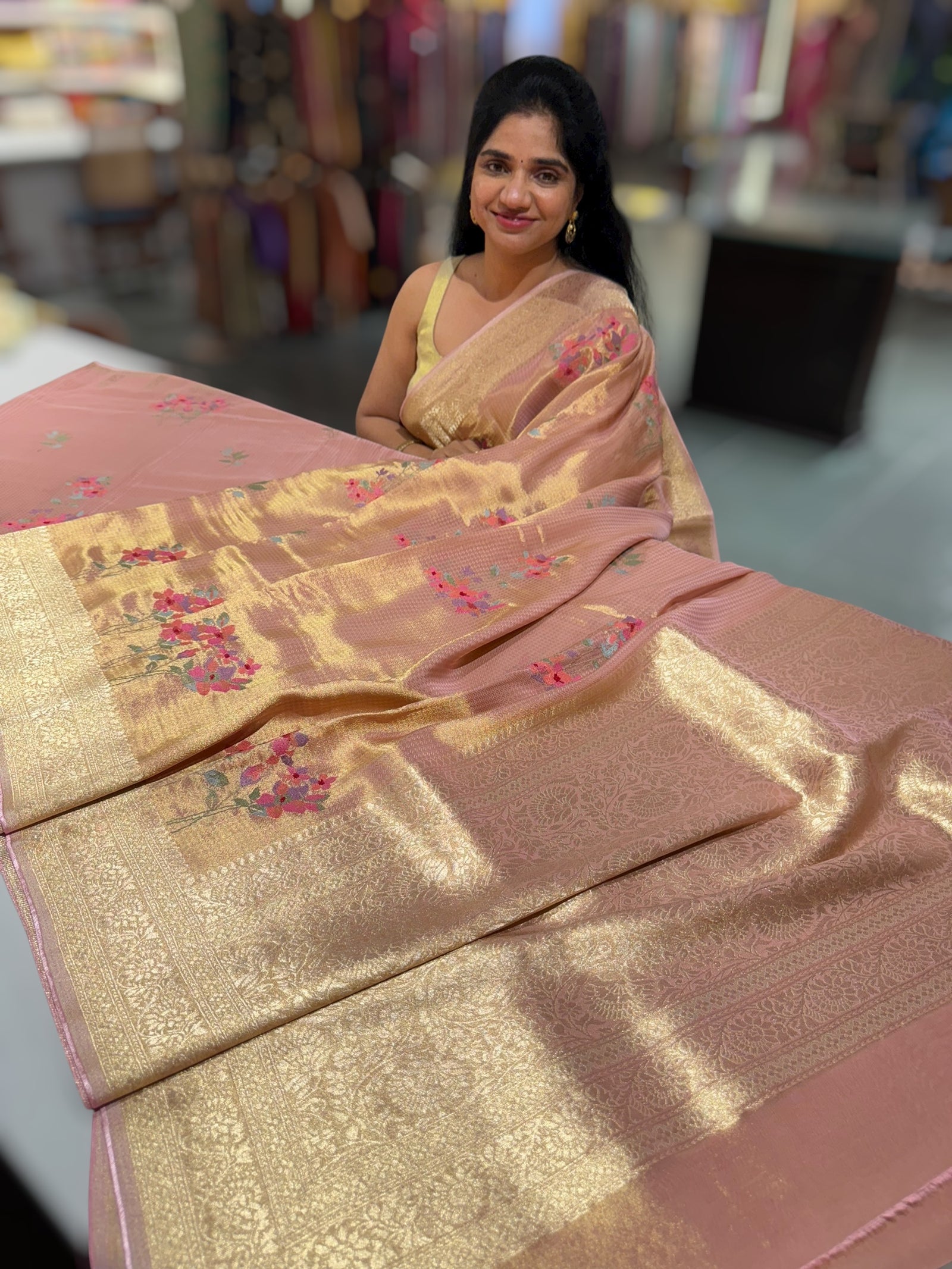 Peach Pink Fancy Banarasi tissue tonchoi weaving saree with embroidery