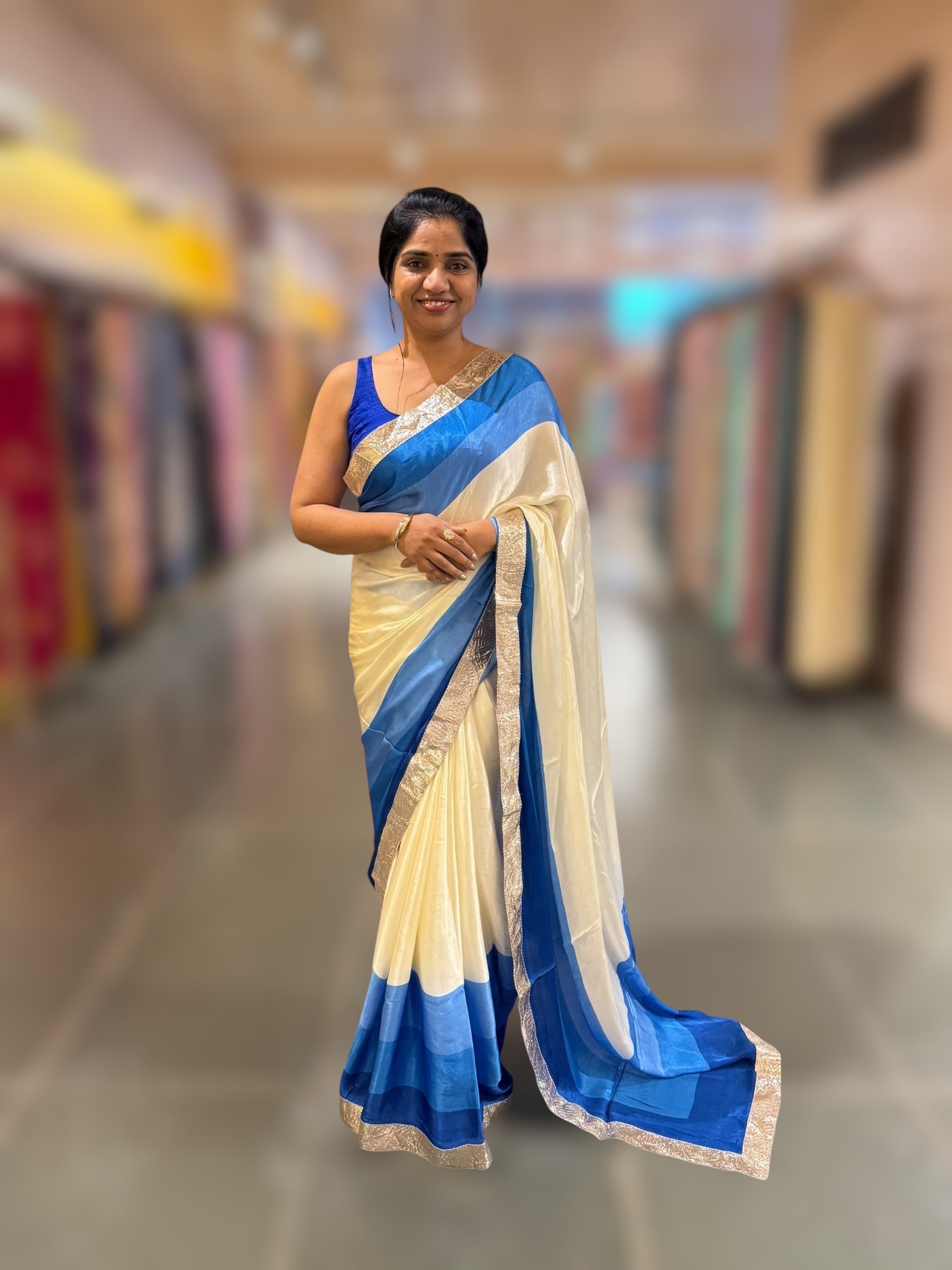 Ivory & Royal Blue Combo Chinnon Crepe Saree with Gotapatti Borders