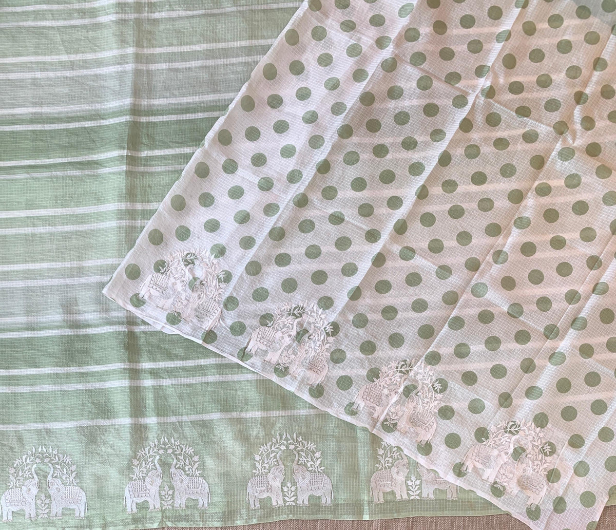 Dusty Green Designer Silk kota saree with elephant embroidered border