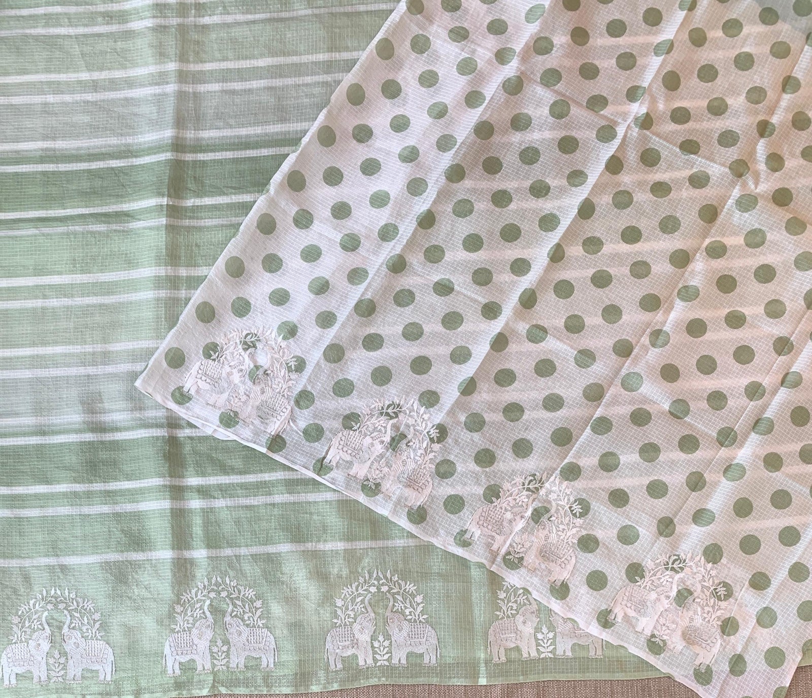 Dusty Green Designer Silk kota saree with elephant embroidered border