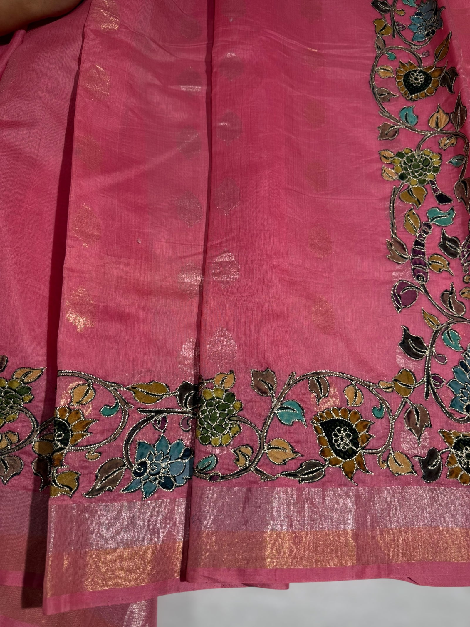 Peach Pink chanderi silk cotton saree with kalamkari applique border