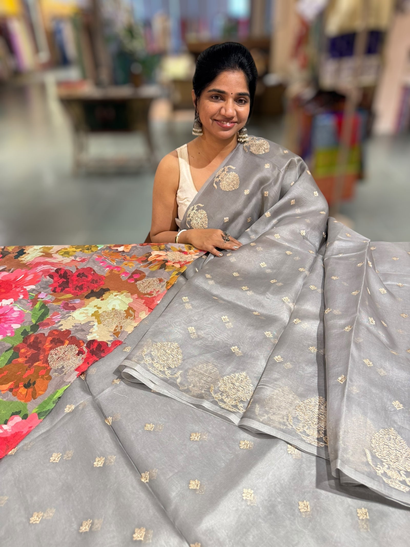 Grey Organza Saree With Embroidery & Tussar Printed Blouse