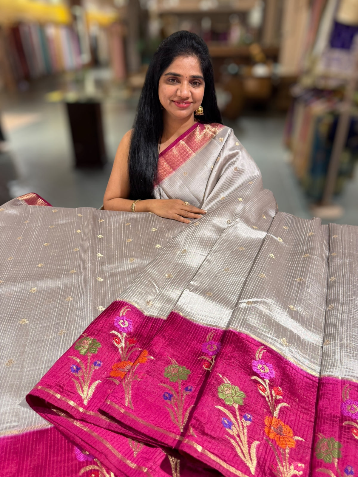Silverish Grey Poona silk saree