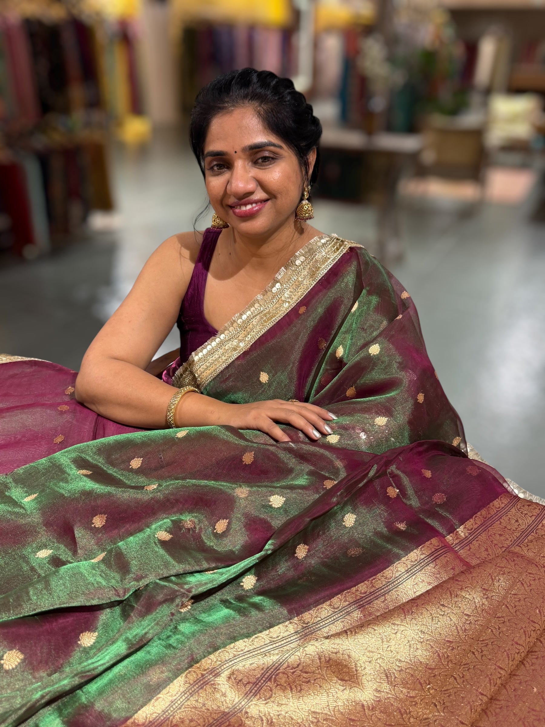 Green & Wine Combo Pure handloom Banarasi Tissue saree