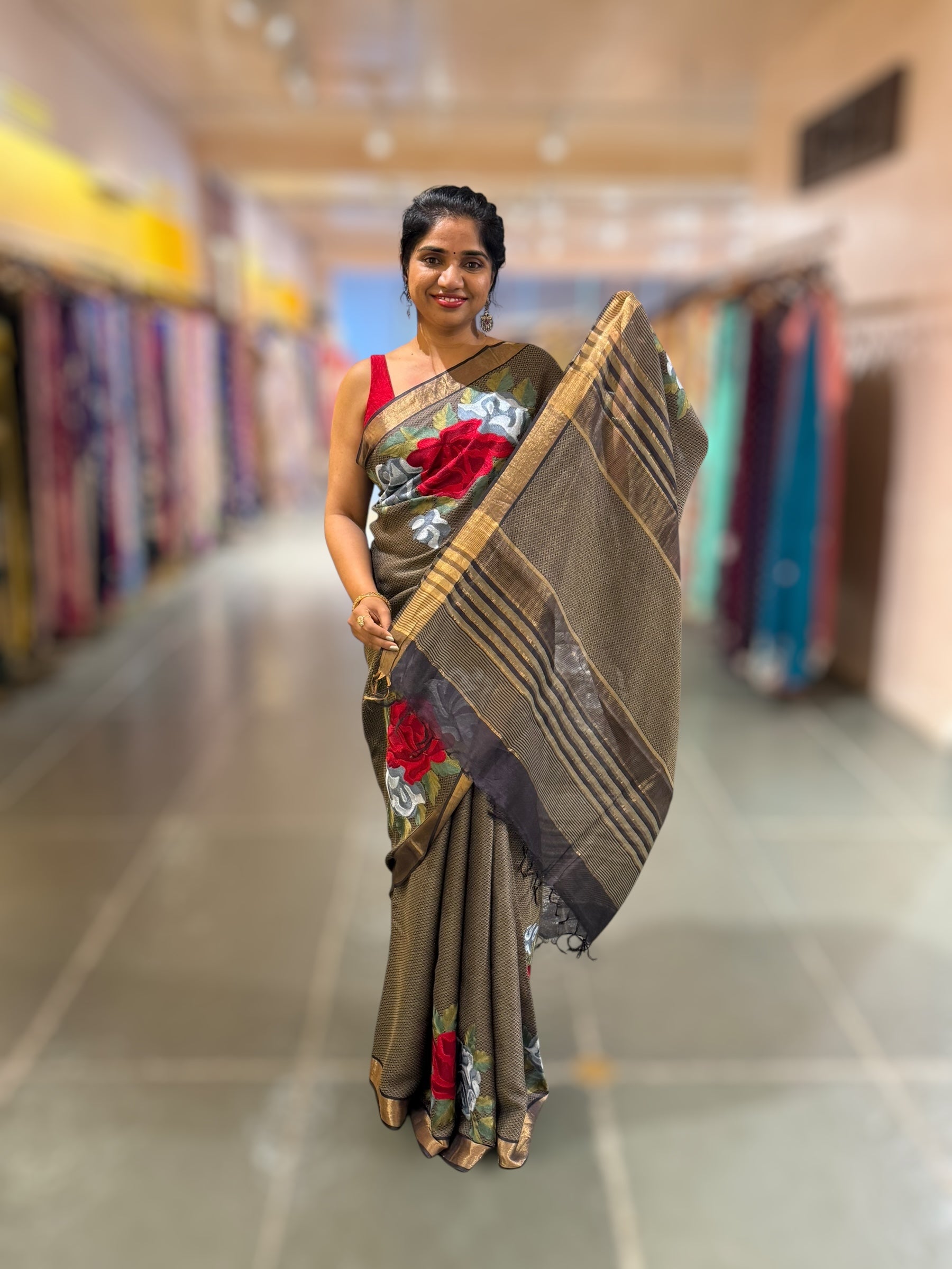 Elephant Grey Tussar Brocade Saree With Statement Red Rose Embroidery.