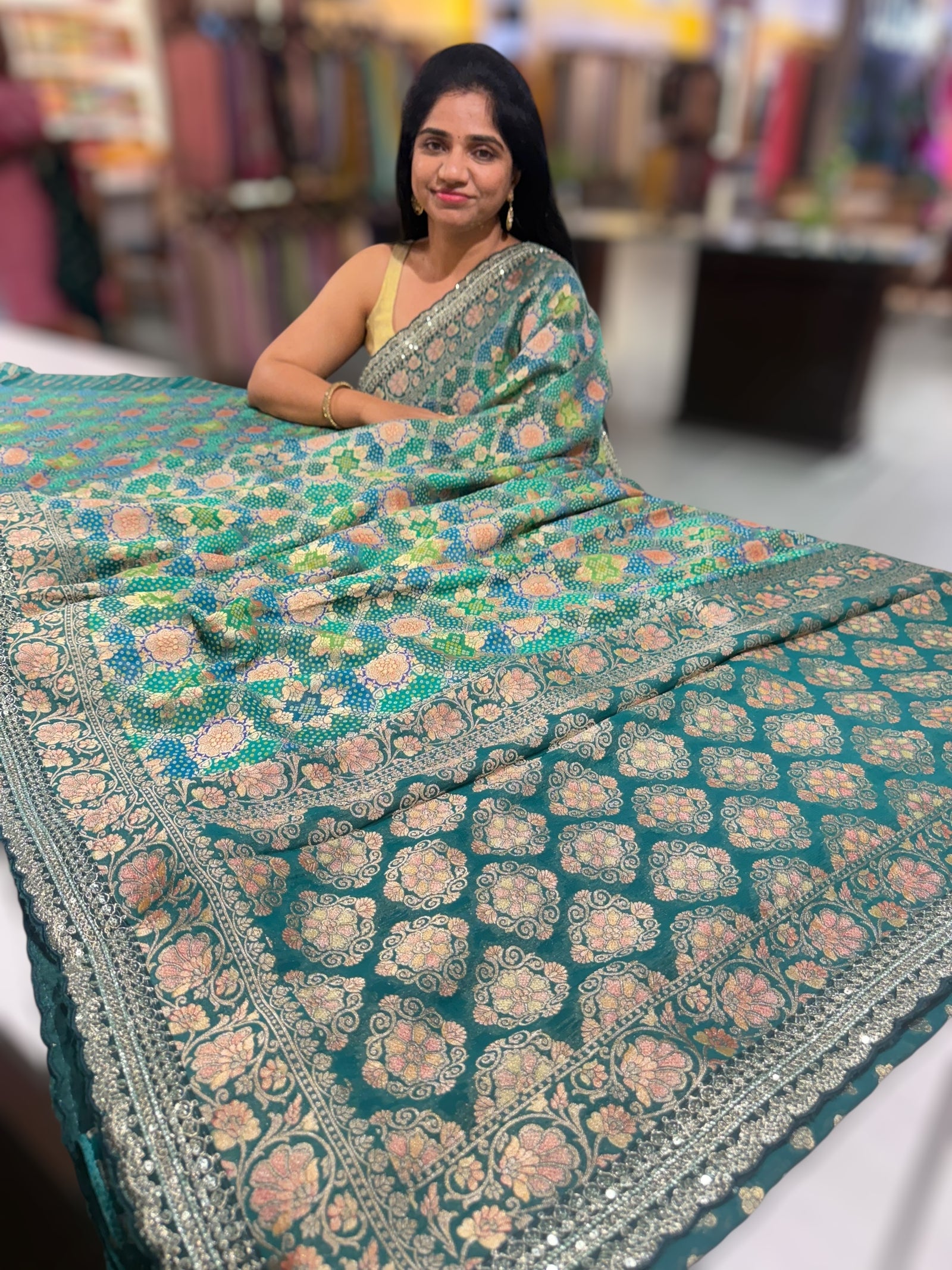 Emerald Green & Blue Banarasi bandhini georgette
