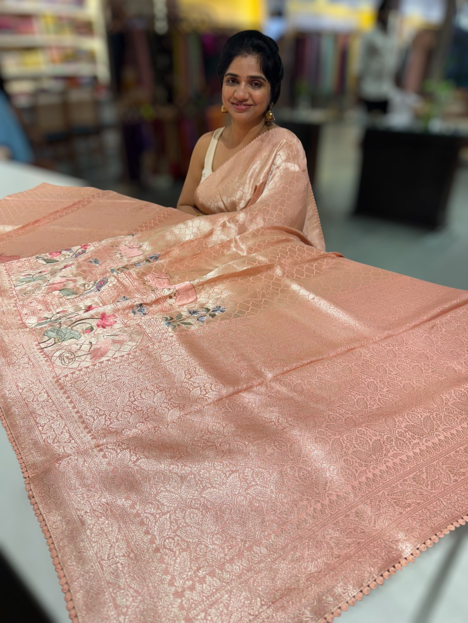 Peach Fancy Banarasi saree with embroidery