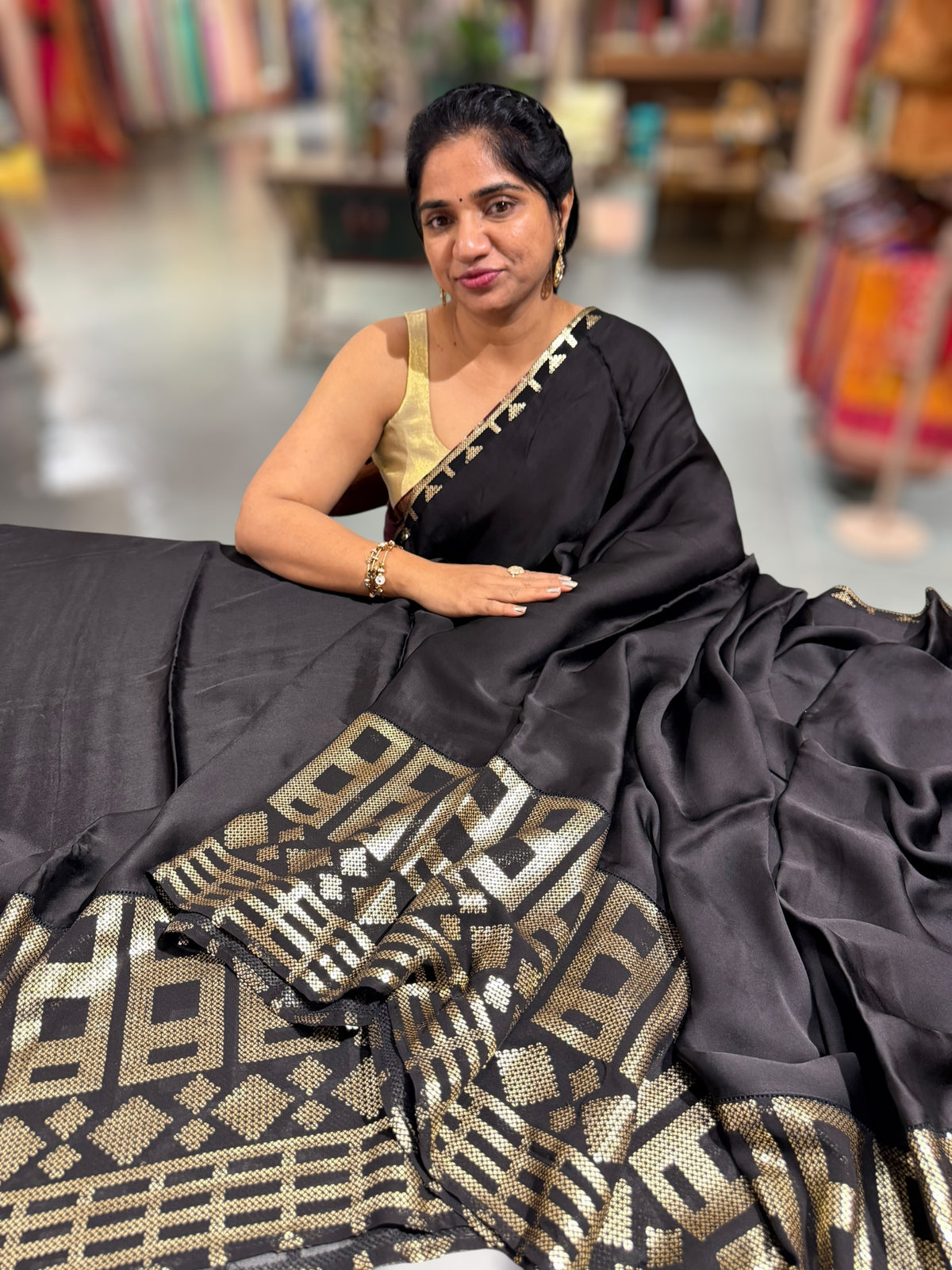 Black pure Satin Saree with designer sequence border and blouse