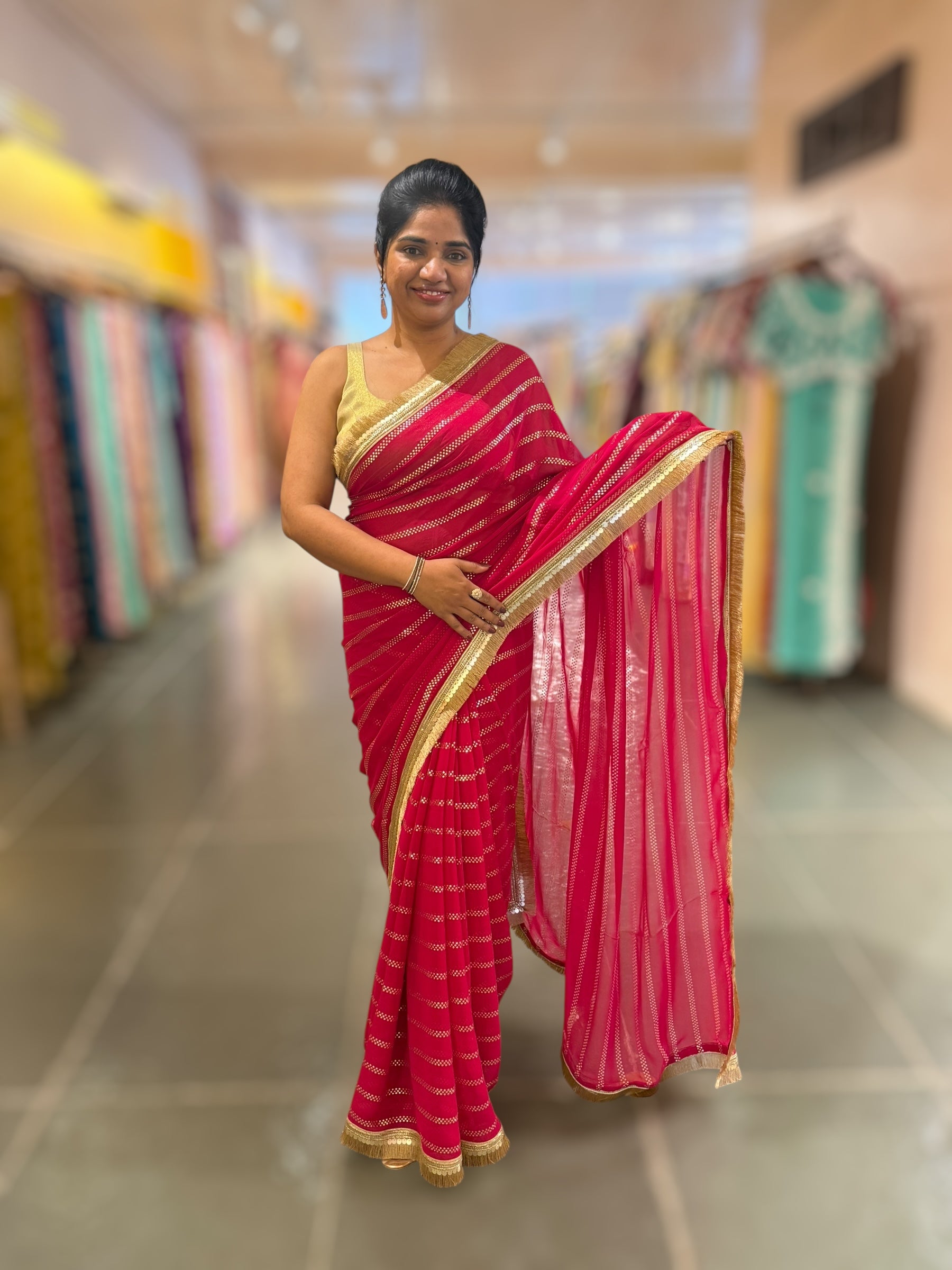 Dark Pink Georgette Saree with stick on Badla in stripes pattern and kiran Lace