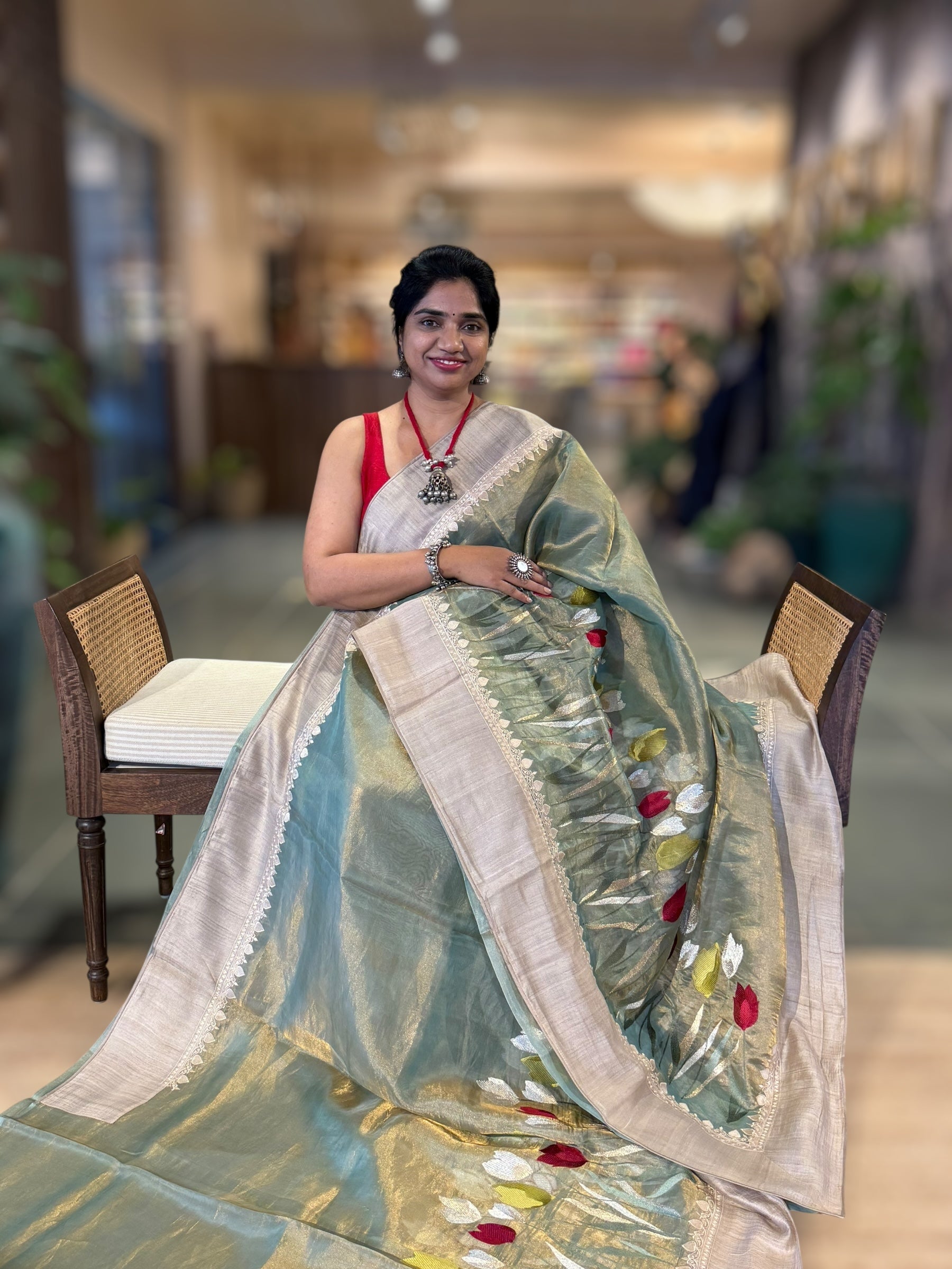 Sage Green Designer Handloom Tissue Saree With Tulip embroidery