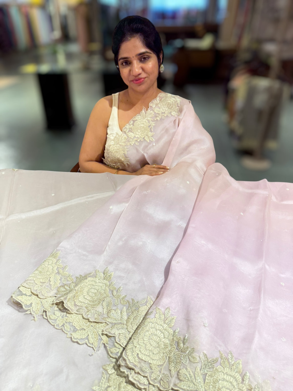 Ombre dyed Pure Organza Saree with parsi gara embroidery