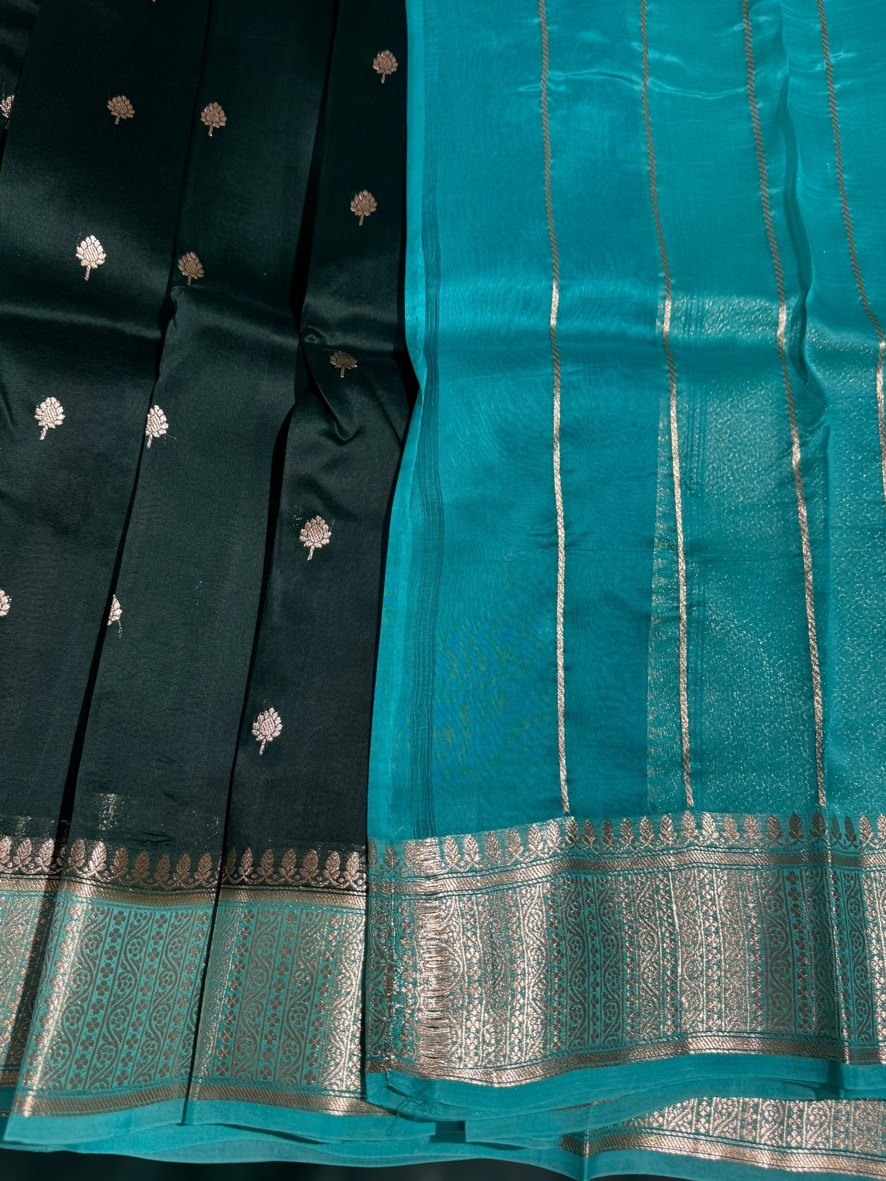 Forest Green & Teal Pure Handloom Kora Banarasi Saree